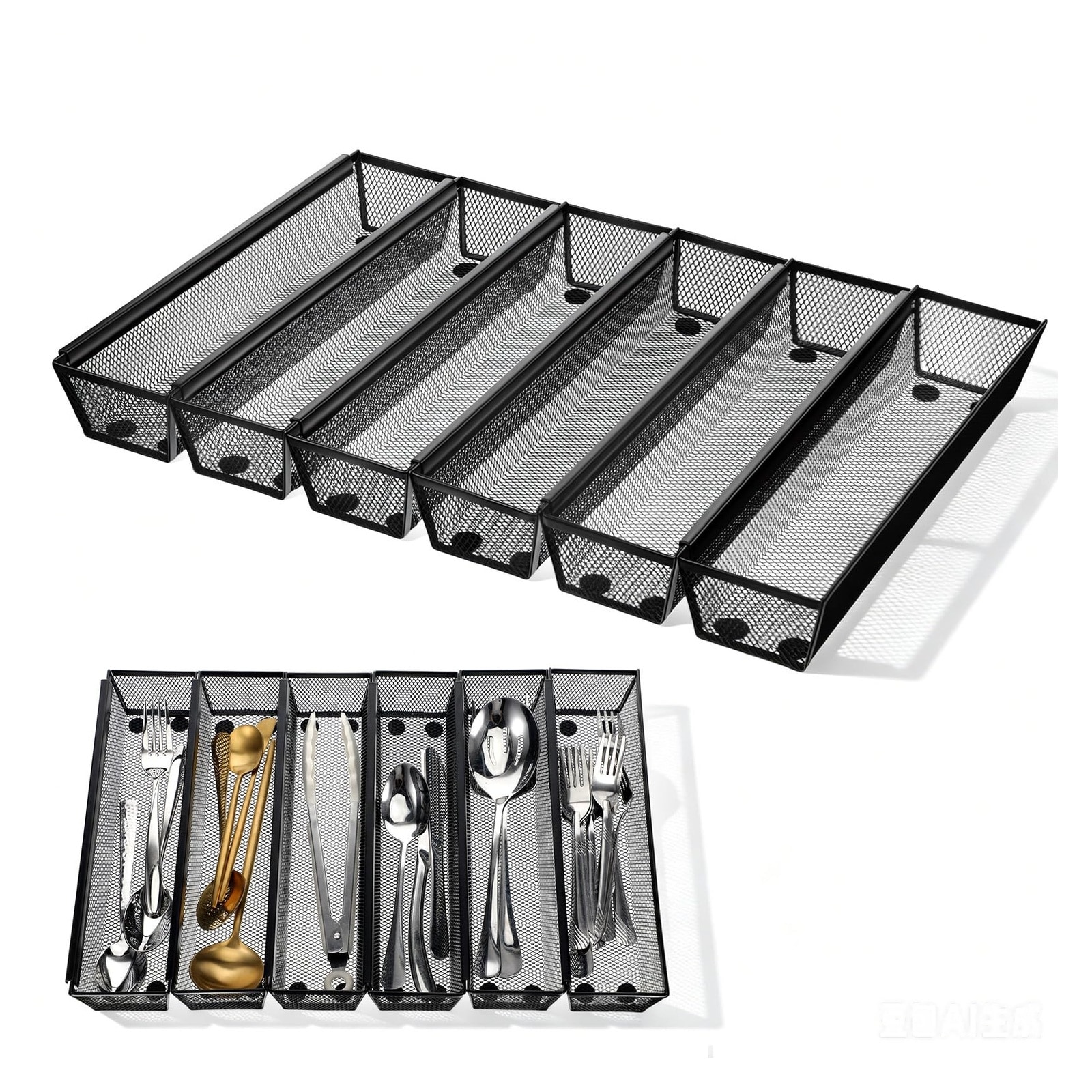 UUDULY  6 Piece Utensil Drawer Organizer Set Mesh Silverware Organizer with Interlocking Arm for Kitchen Flatware Storage 12 by 3 by 2 Black