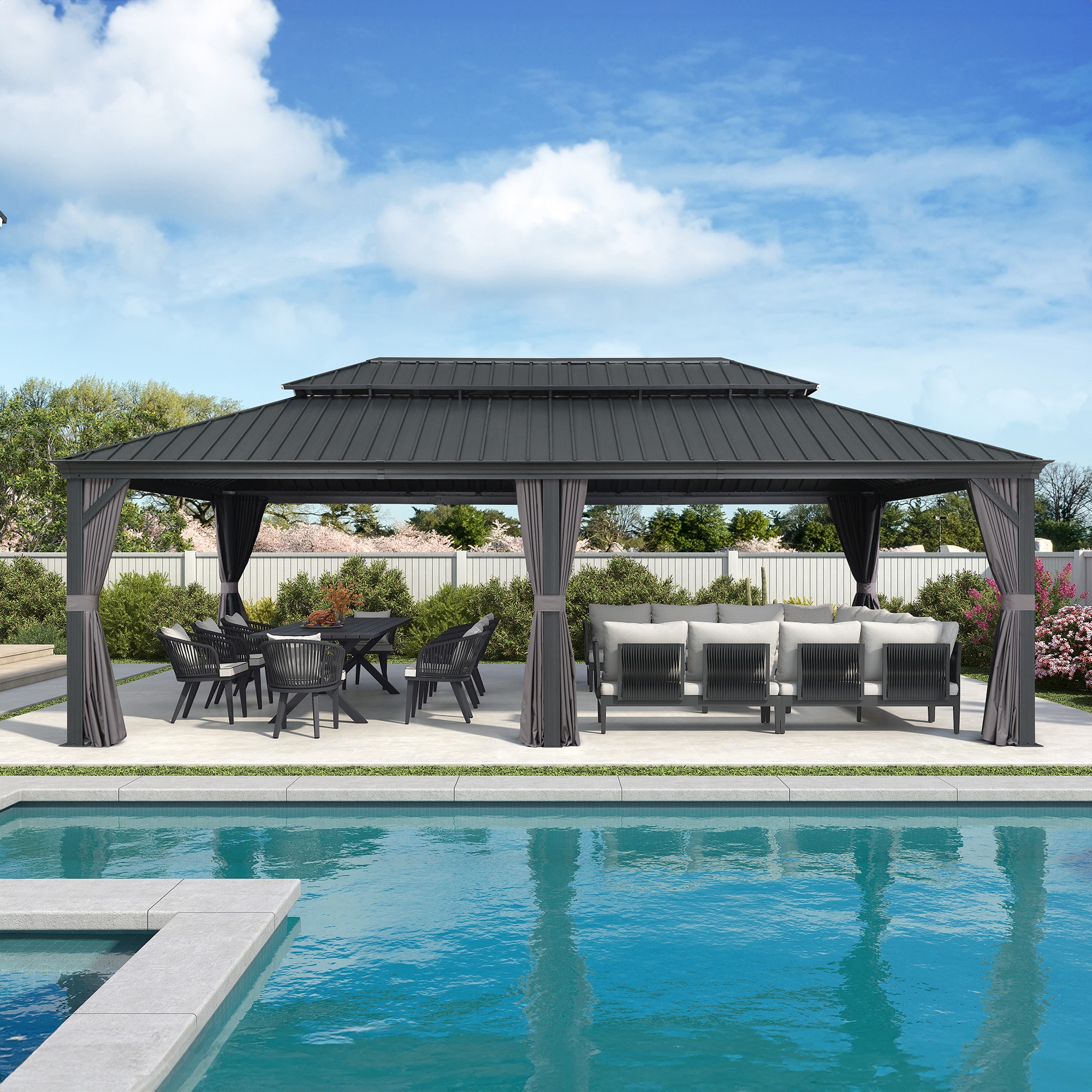 PURPLE LEAF LS04GHTG1424 24-ft x 14-ft Aluminum Pavilion Gazebo Gray Gazebo with Hardtop Roof (Screen Included)