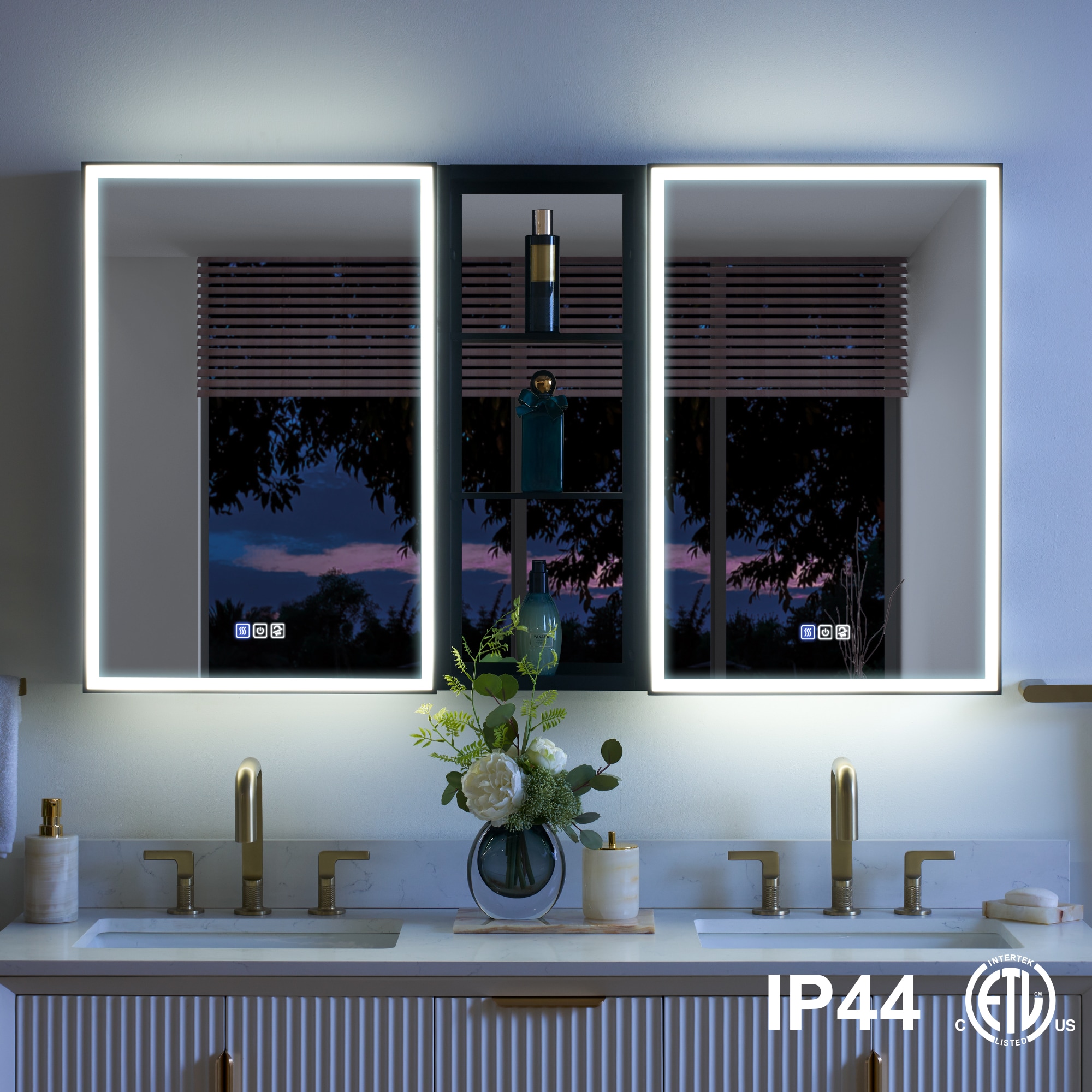 WELLFOR W12MCL2030LR-MC W12 51.99-Inches x 30-Inches Lighted LED Fog Free Surface/Recessed Mount Anodized Black Aluminum Mirrored Rectangle Soft Close Medicine Cabinet with Outlet