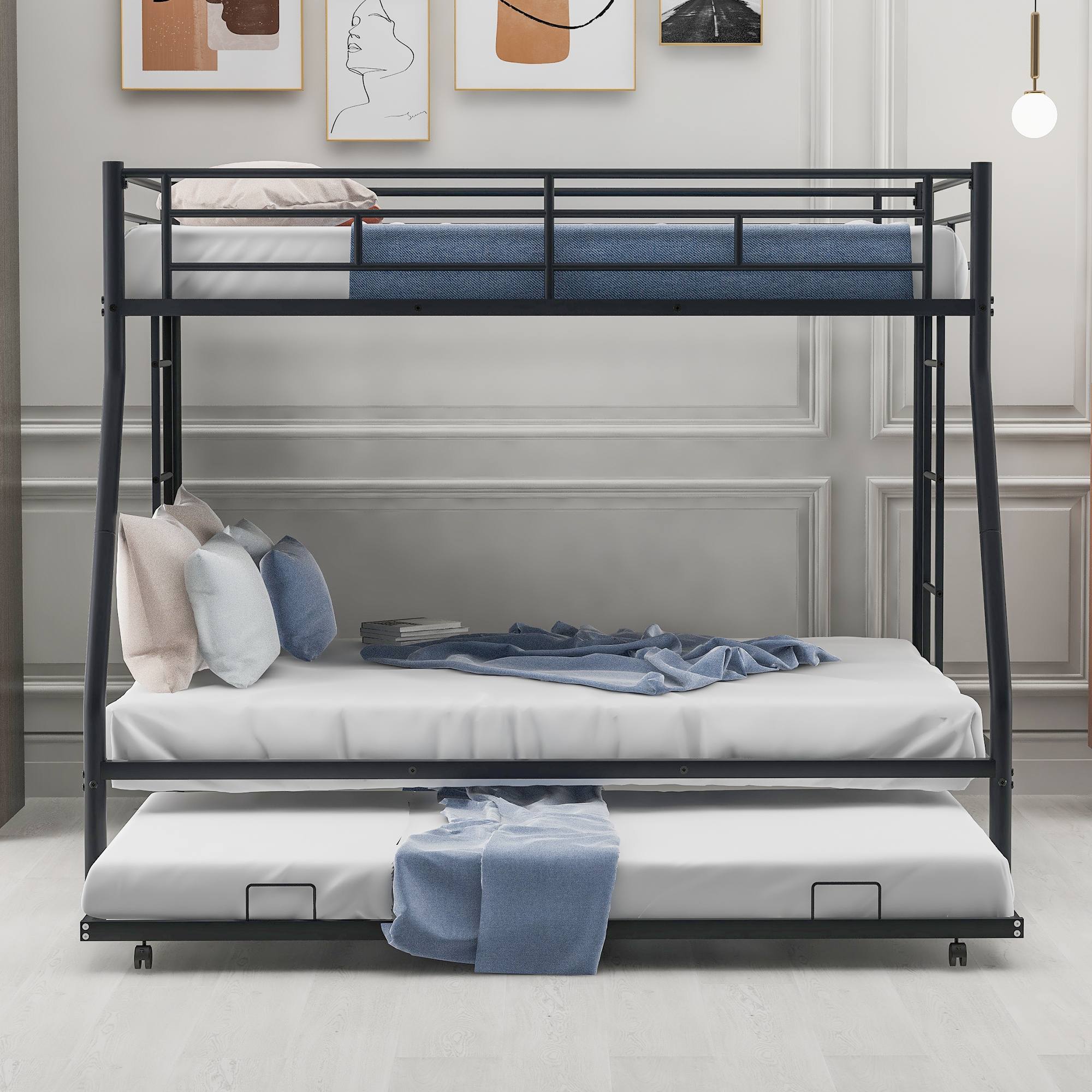 Yiekholo Black Twin Over Full Bunk Bed With Trundle, Heavy-Duty Metal ...