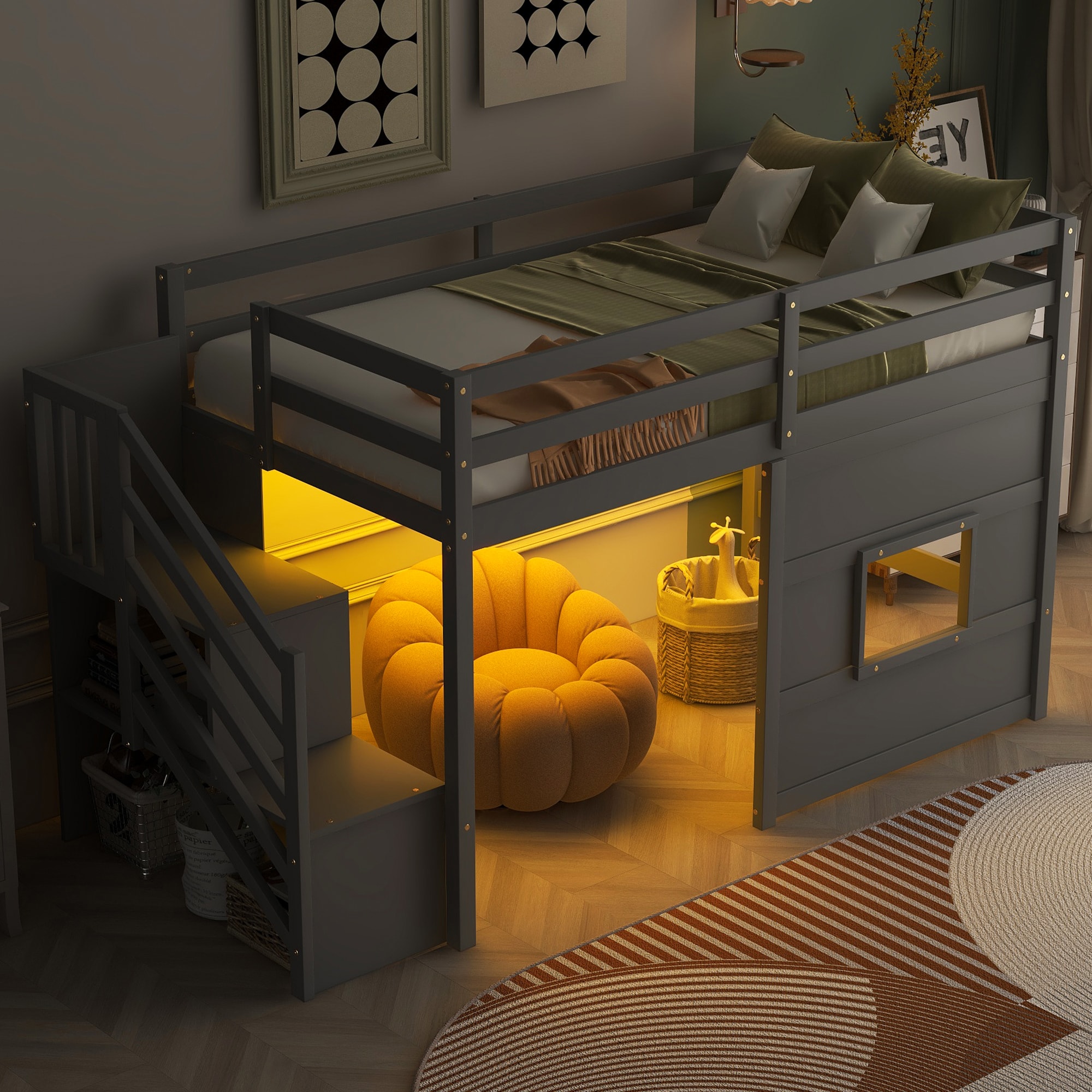 Dimakai Gray Twin Loft Bed - Storage Staircase Window and LED Light in ...