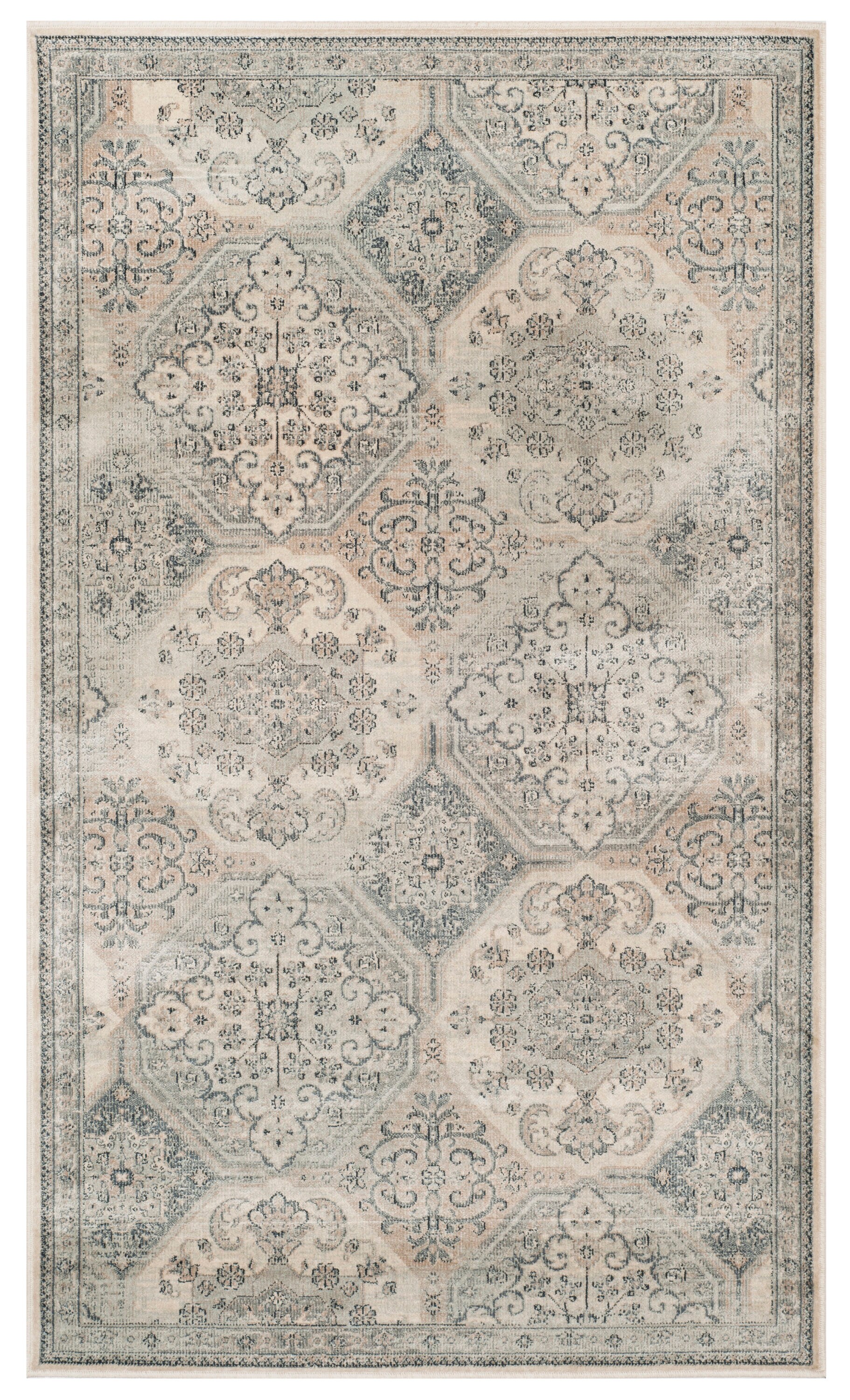 Elegant Cream and Blue Hand-Knotted Transitional Area Rug