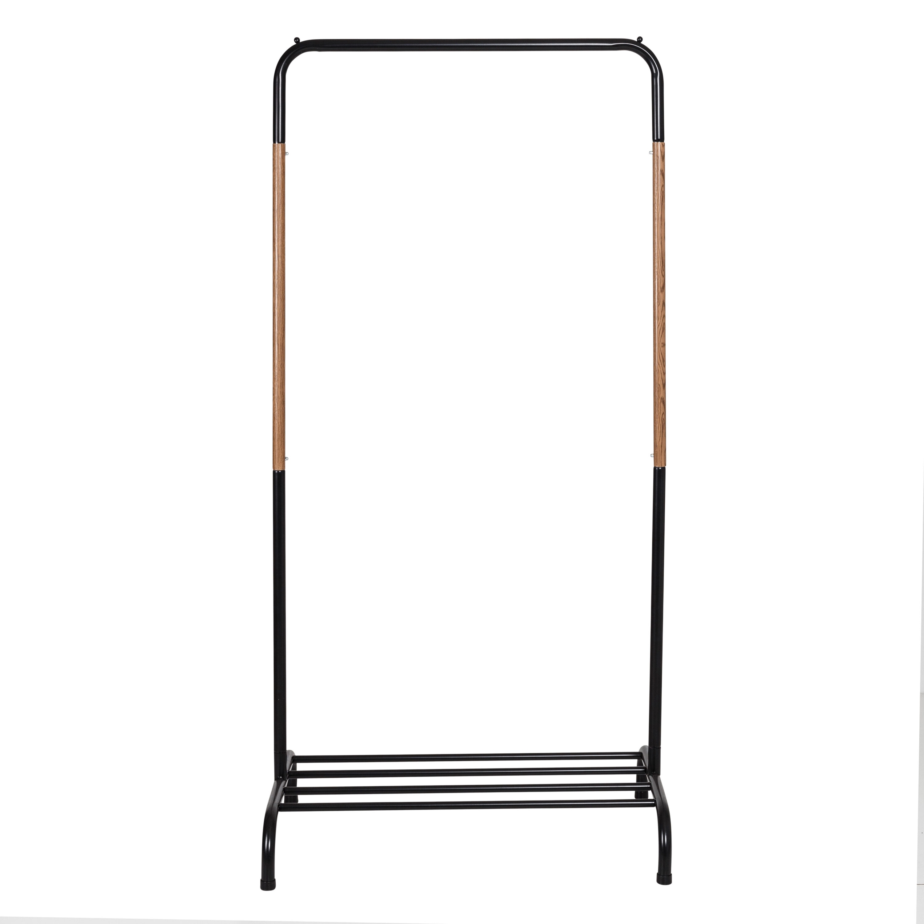 Black and Light Wood Portable Garment Rack with Shoe Shelf