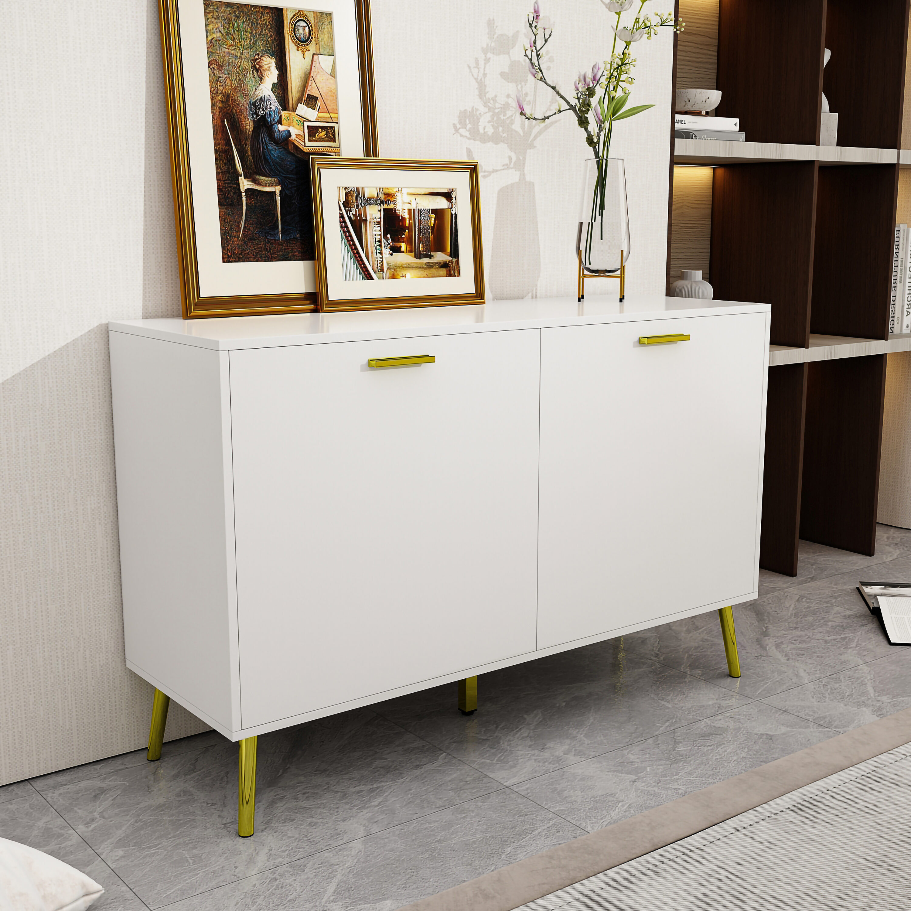 FUFU&GAGA Contemporary White Composite Dresser with Double Door Cabinet ...