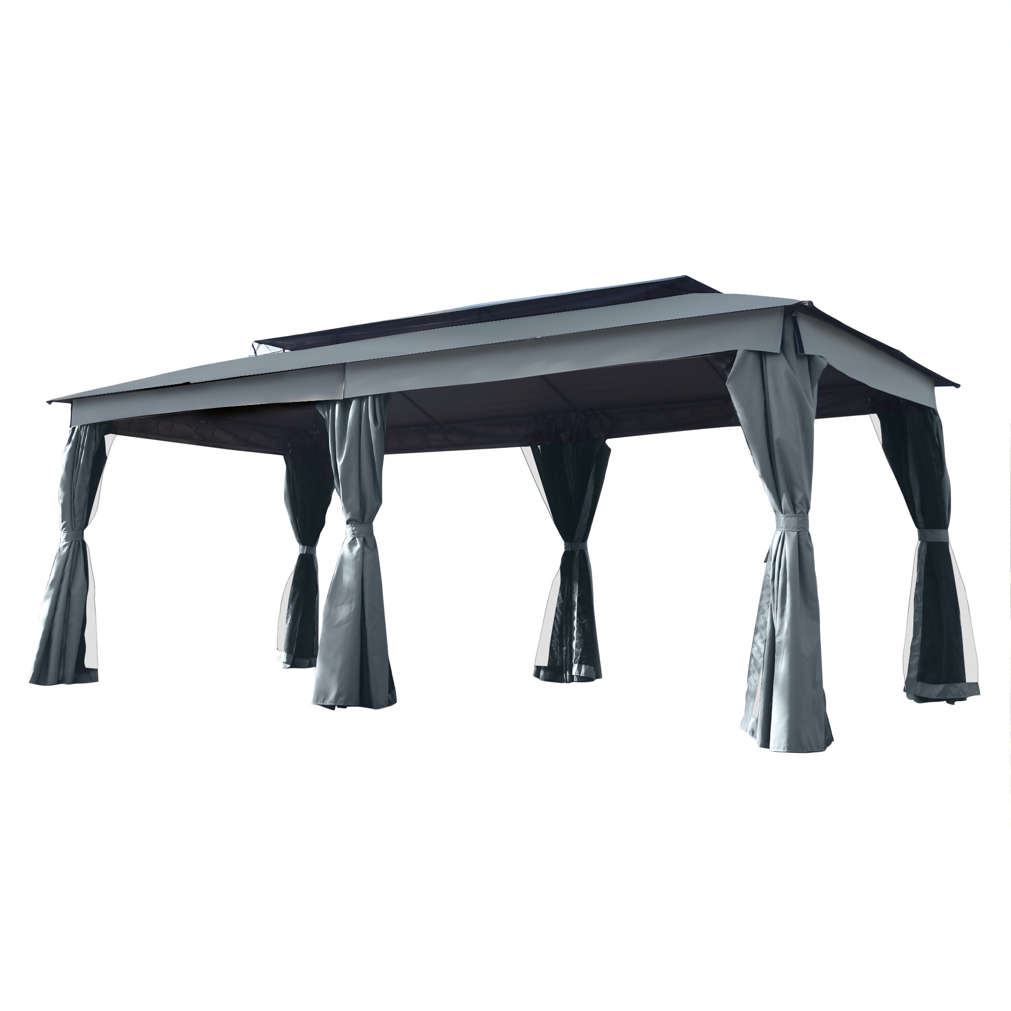 Forclover CBE-5PS0019BL Rattan Patio Conversation Set Gray Rectangle Screened Gazebo with Roof