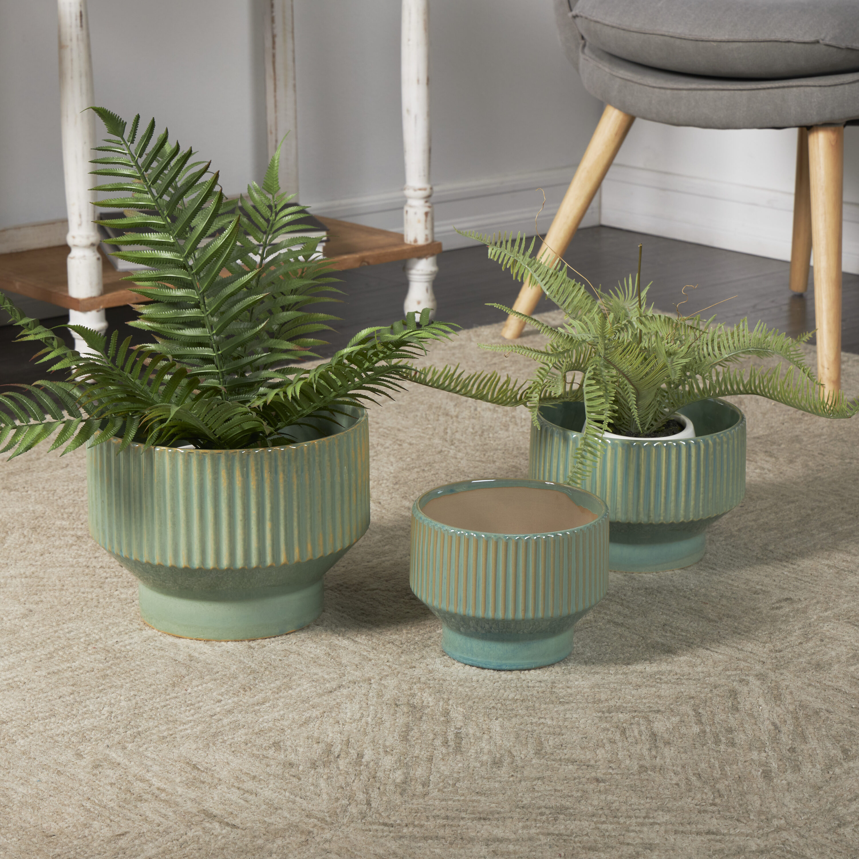 Green Ceramic Round Planter Set of 3