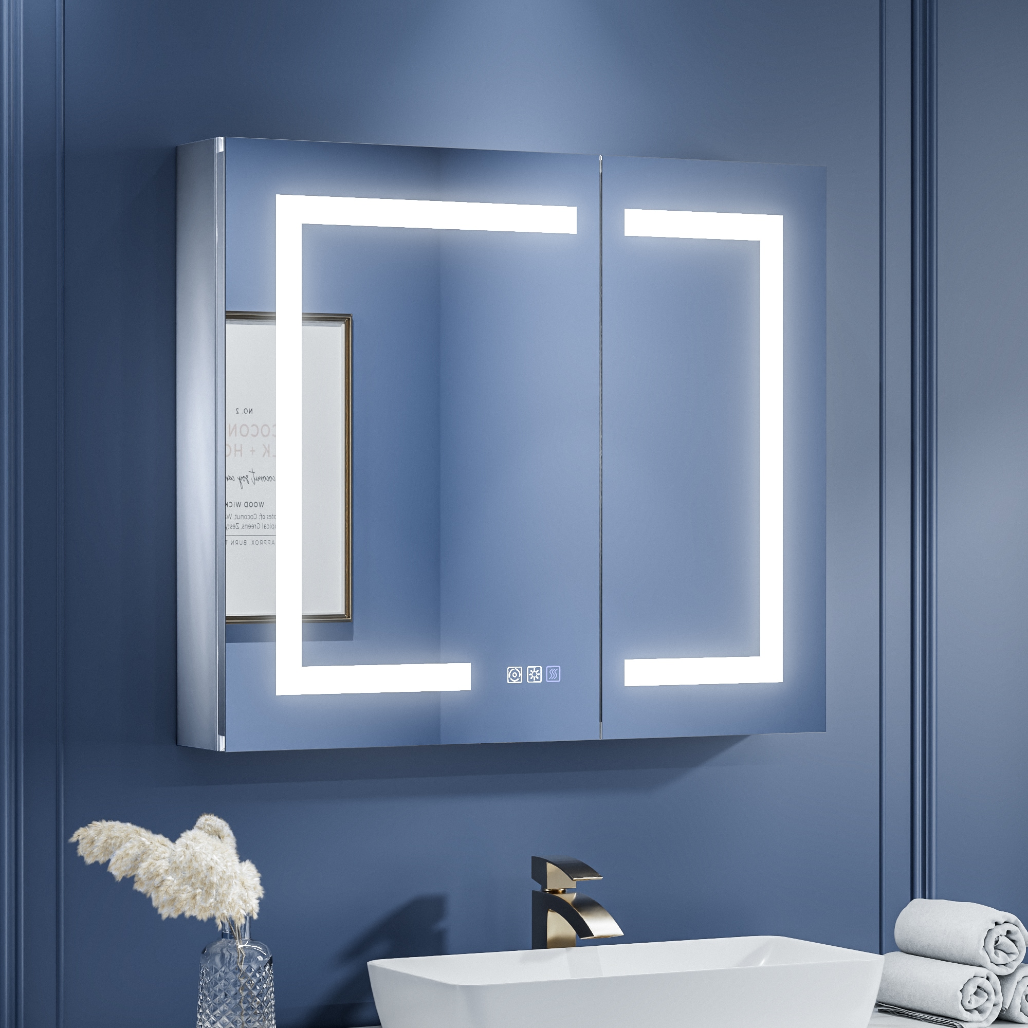 ExBrite EXMC3630V13DB Aether 30-in x 26-in Lighted LED Fog Free Surface/Recessed Mount Silver Mirrored Rectangle Soft Close Medicine Cabinet with Outlet