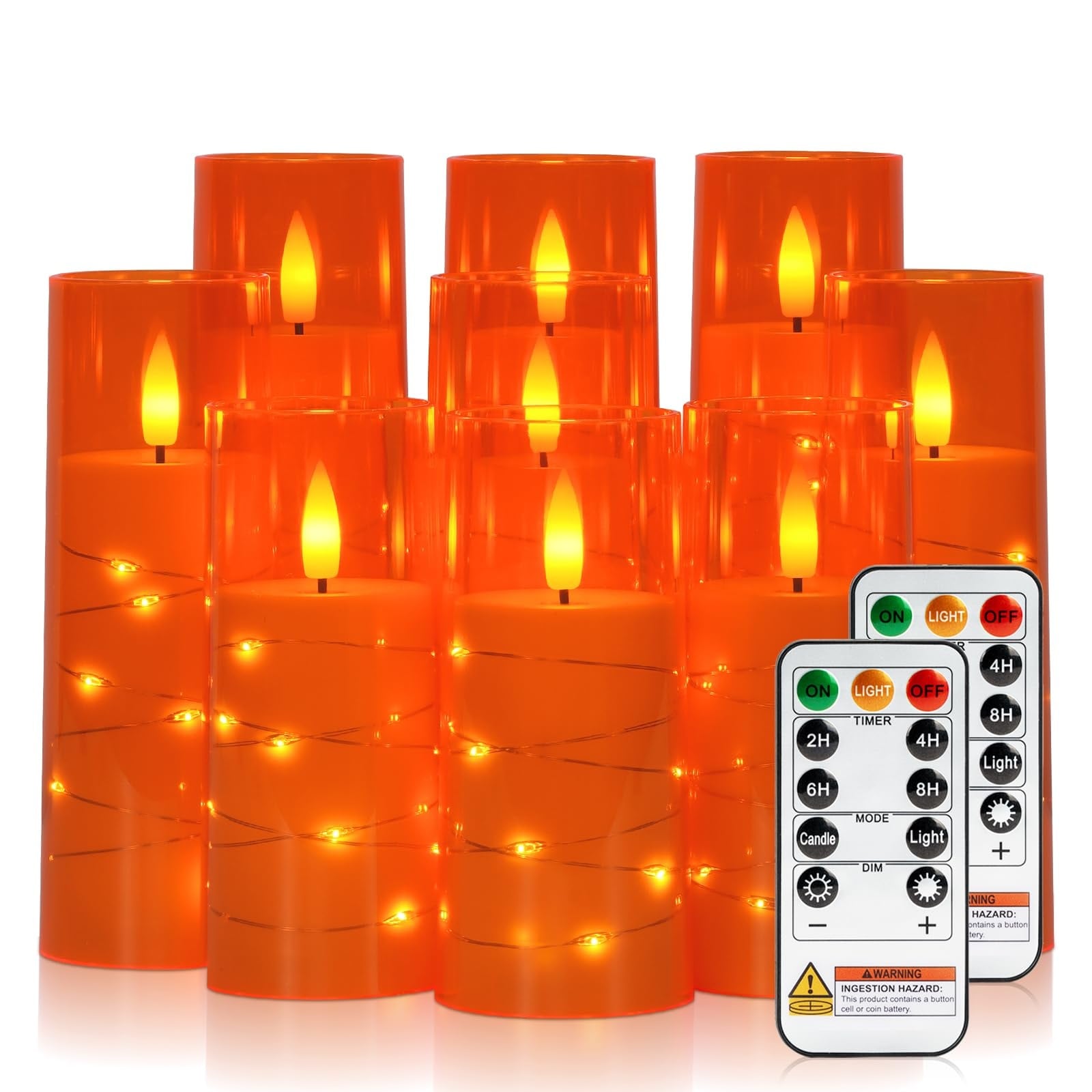  Flameless LED Pillar Candles with Remote Timer 9 pcs Orange Acrylic Shell Embedded Star String Lights Flickering Effect for Halloween