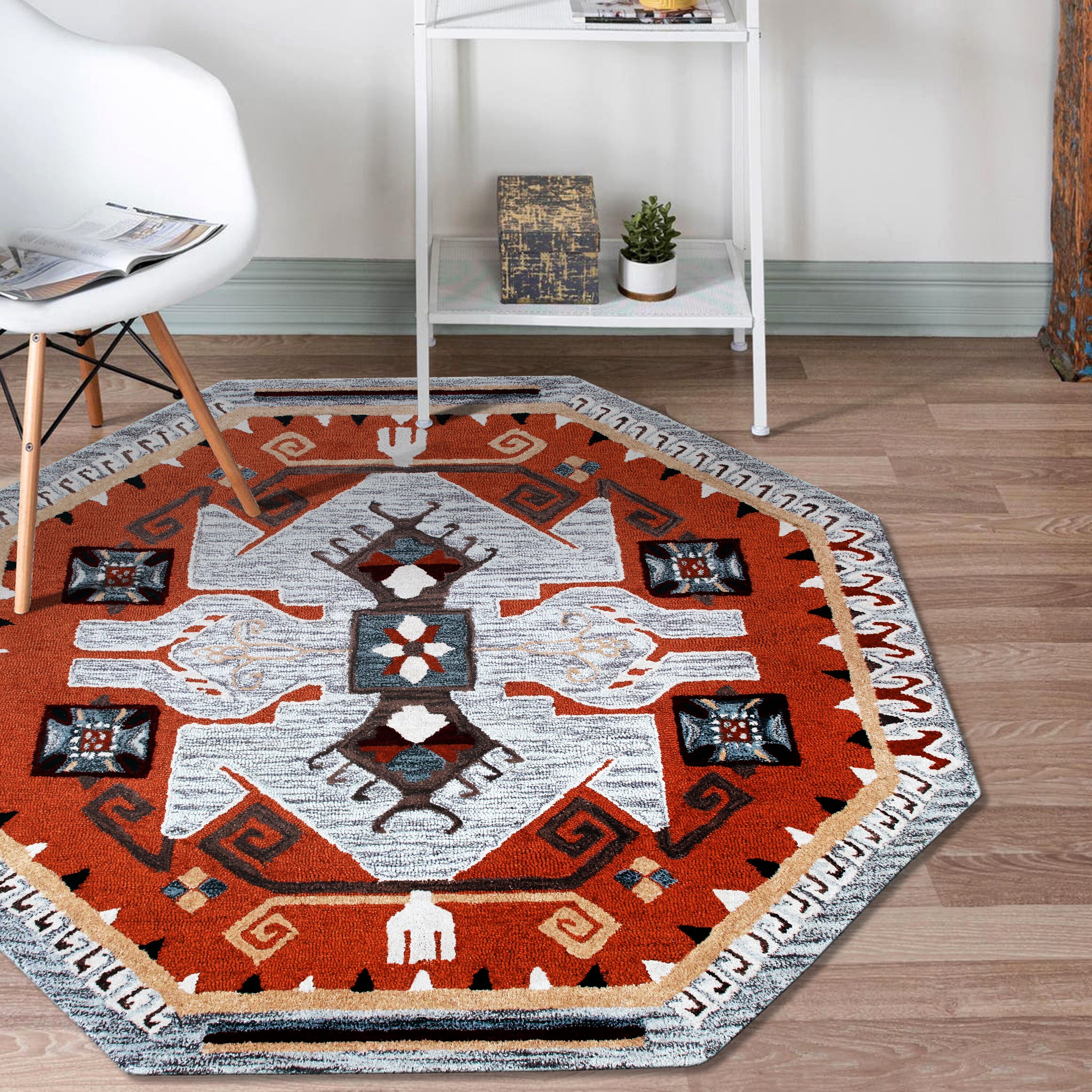 Handmade Gray and Terracotta Wool Round Rug, 4 ft
