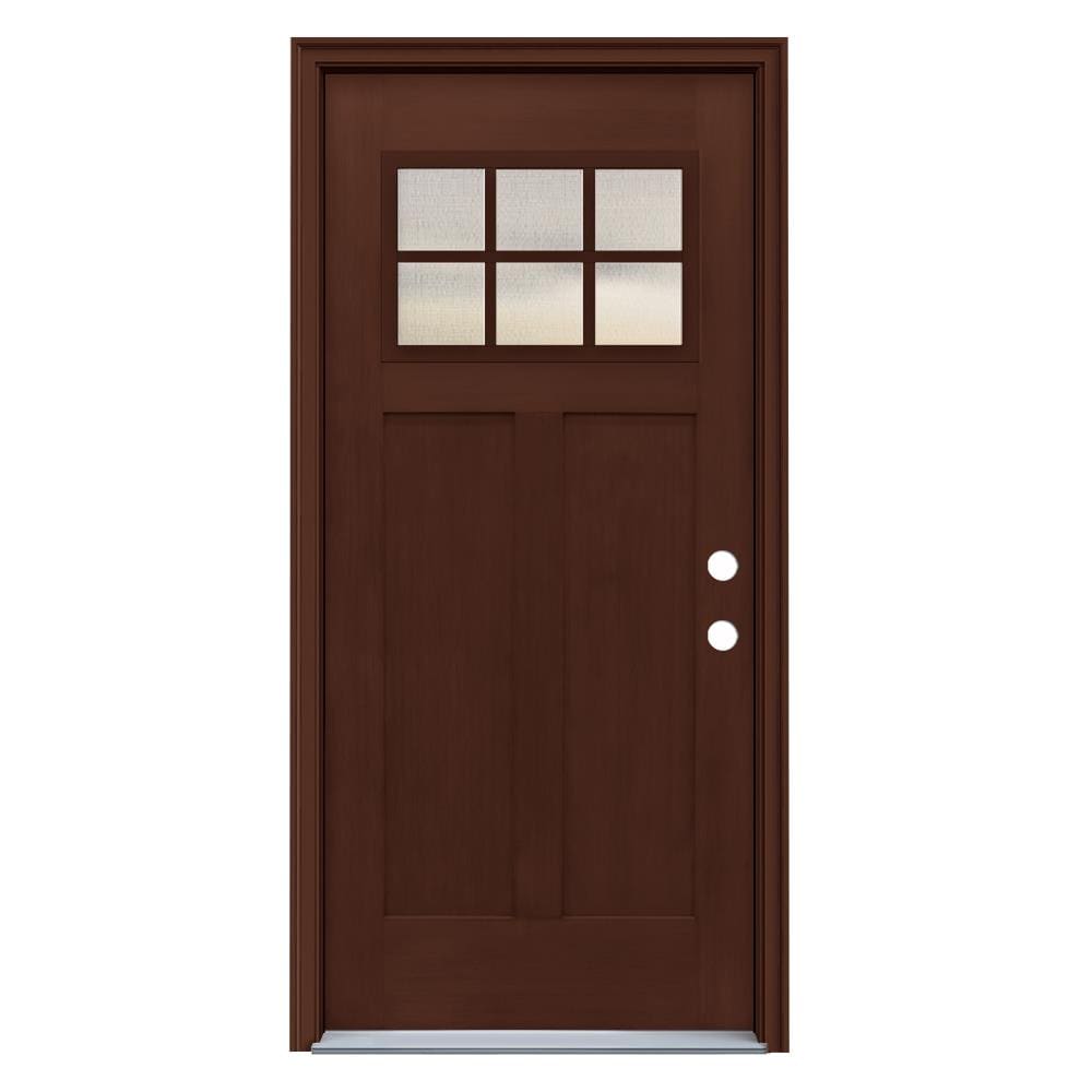 JELD-WEN LOWOLJW232200008 36-in x 80-in x 4-9/16-in Fiberglass Craftsman Left-hand inswing Coffee Bean Stained Prehung Front Door with Brickmould Insulating core