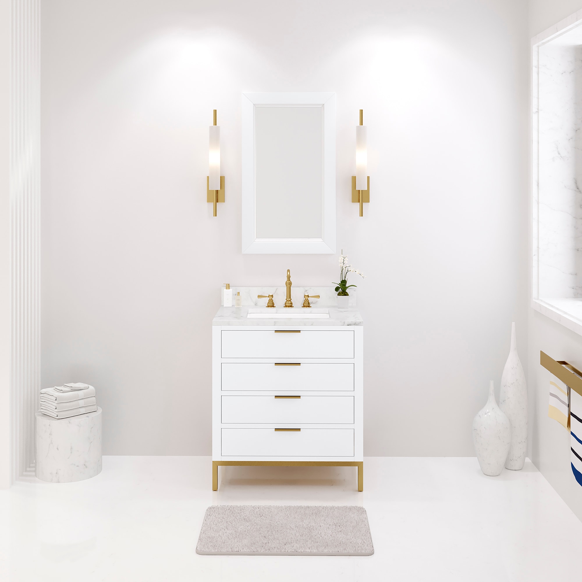 Water Creation BR30CW06PW-R21TL1206 Bristol 30-in Pure White Undermount Single Sink Bathroom Vanity with White Marble Top (Mirror Included) (Faucet Included)
