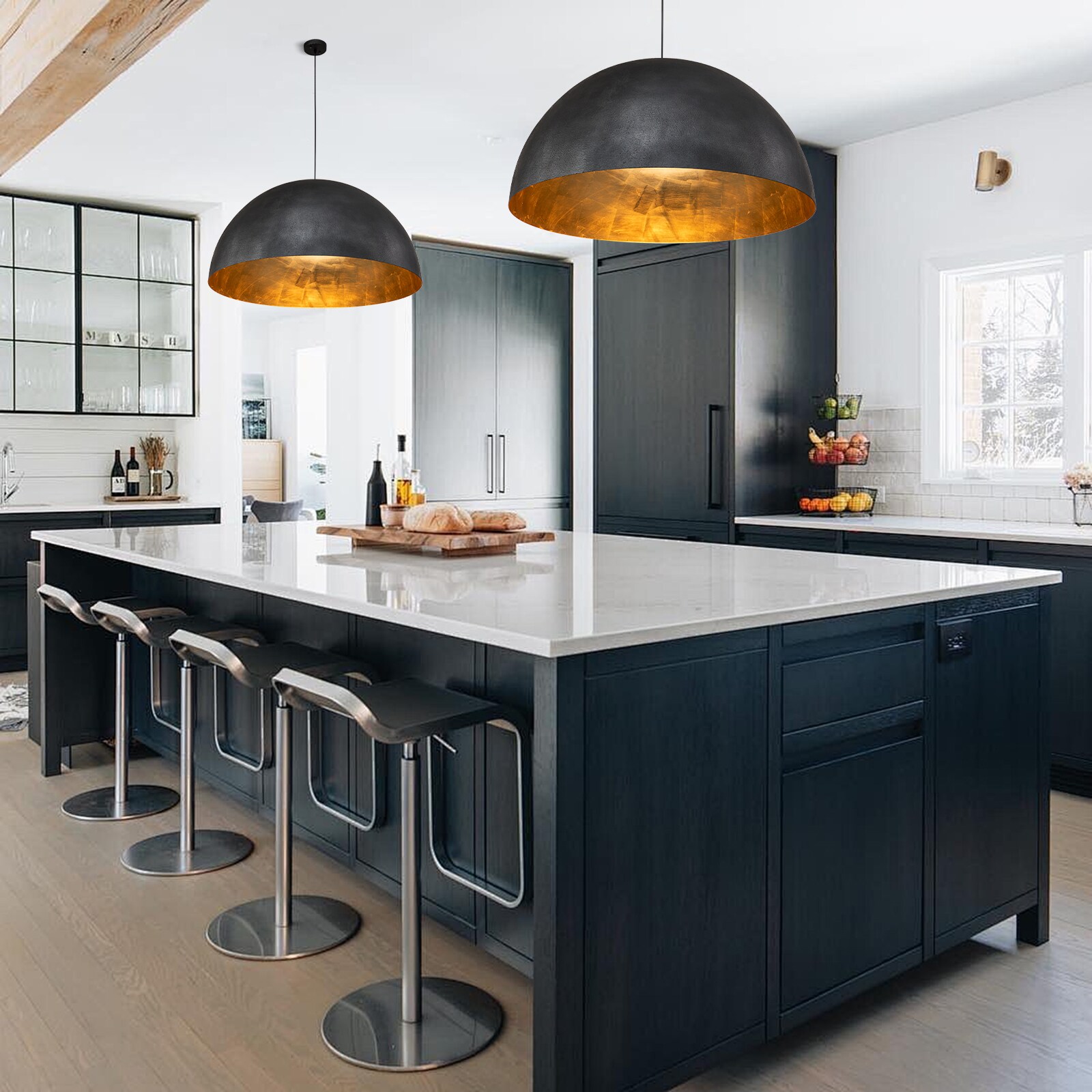 Large Blackened Steel Dome Pendant with Gold Interior