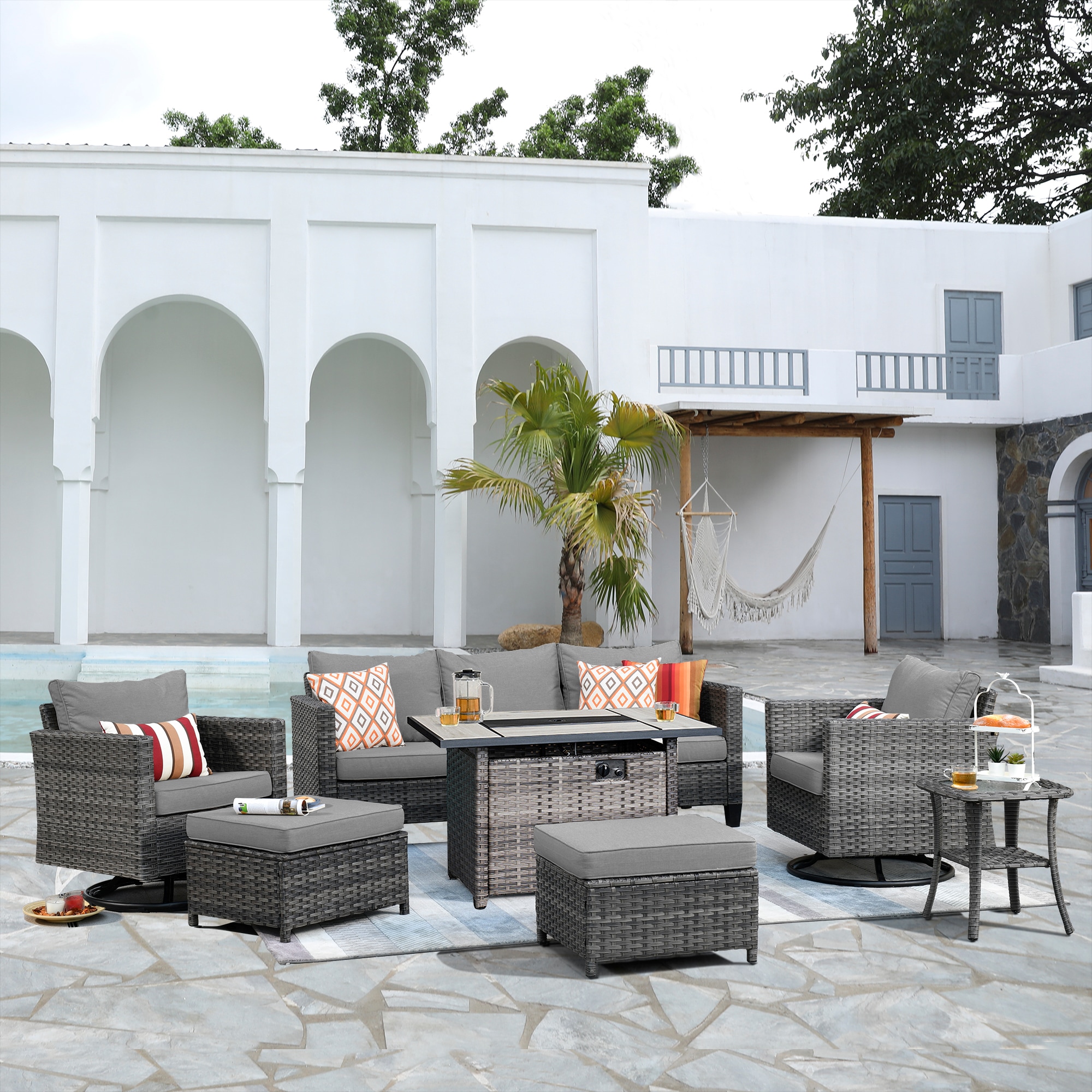 XIZZI XSQRC2174-CFP Lullaby 7 -Piece Rattan Patio Sofa Conversation Set with Dark Gray Cushions