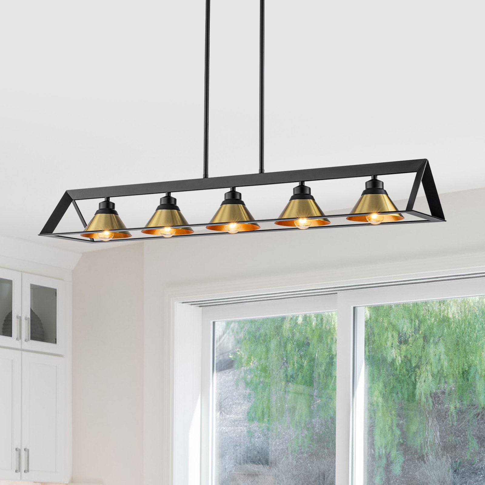 MENCOLULU Kitchen Island Linear Chandelier Brass Conical Shades 5 -Light Black Modern/contemporary Metal Linear Medium Hanging Kitchen Island Light