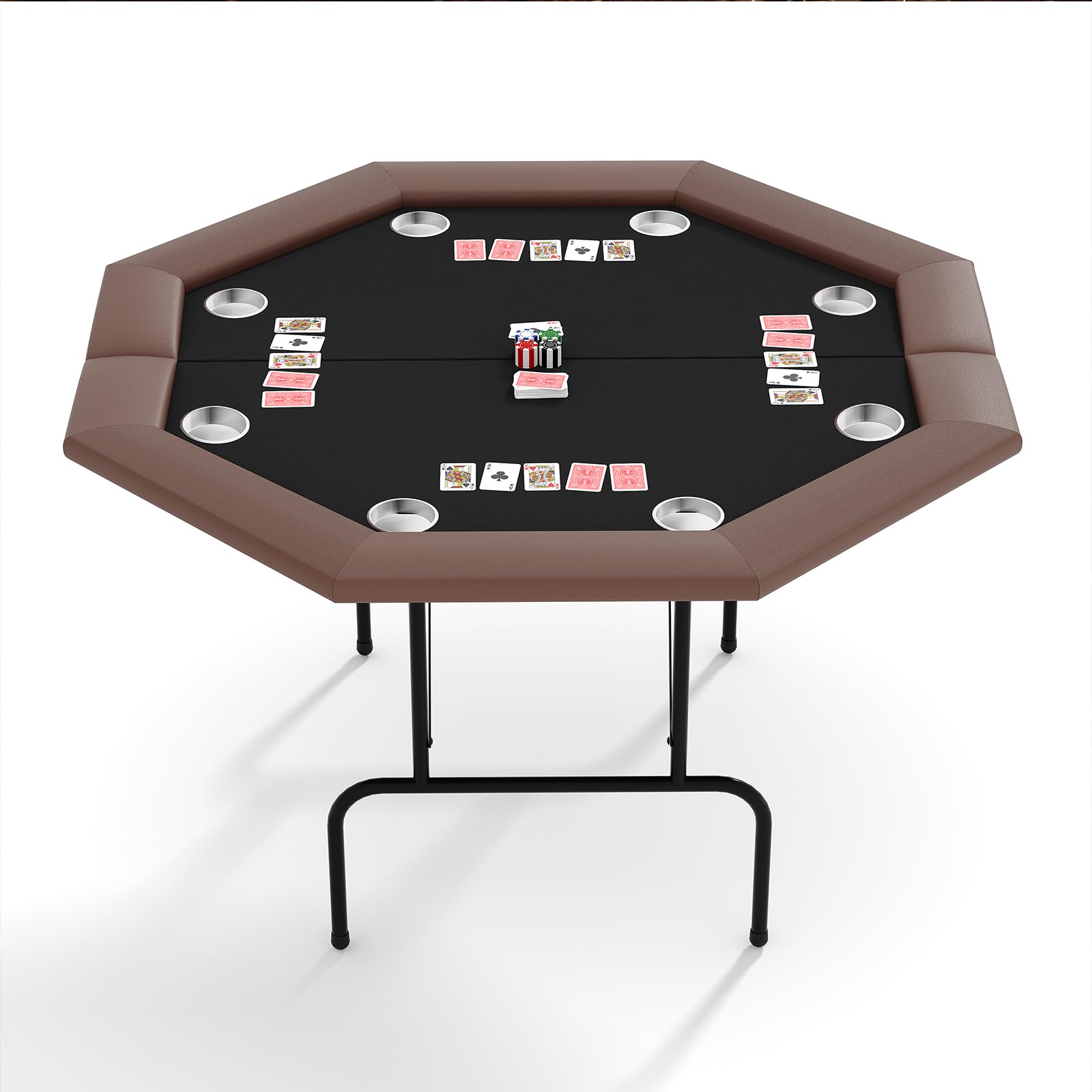 GarveeLife Foldable Octagon Poker Table 8 Player Card Game Table with Cup Holders Blackjack and Texas Holdem Card Game Table for Home Parties Brown