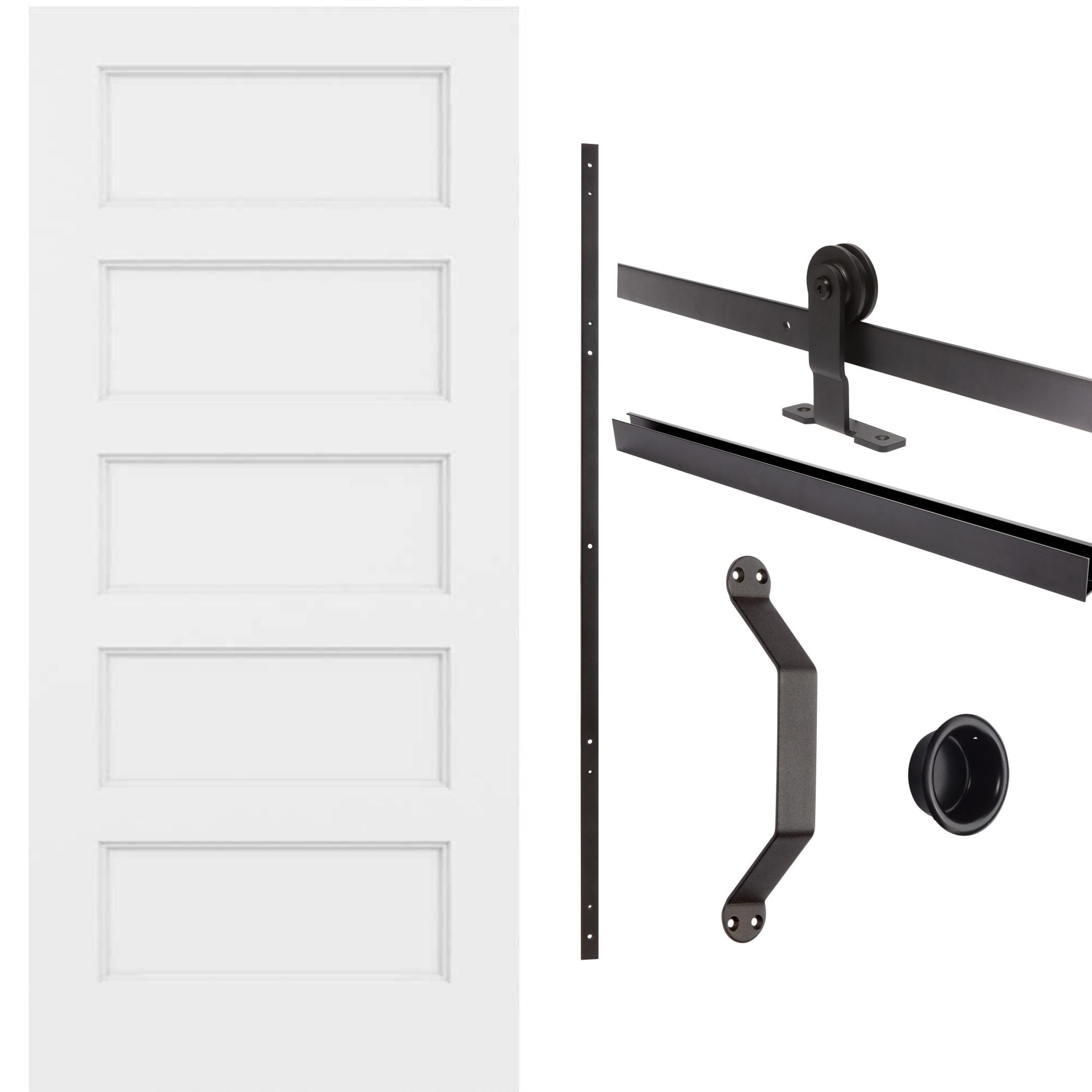 JELD-WEN  Conmore 36-in x 80-in Primed 5-panel Square Smooth Hollow Core Primed Molded Composite Slab Door + Matte Black Indoor Top Mount Soft Close Single Barn Door Hardware Kit