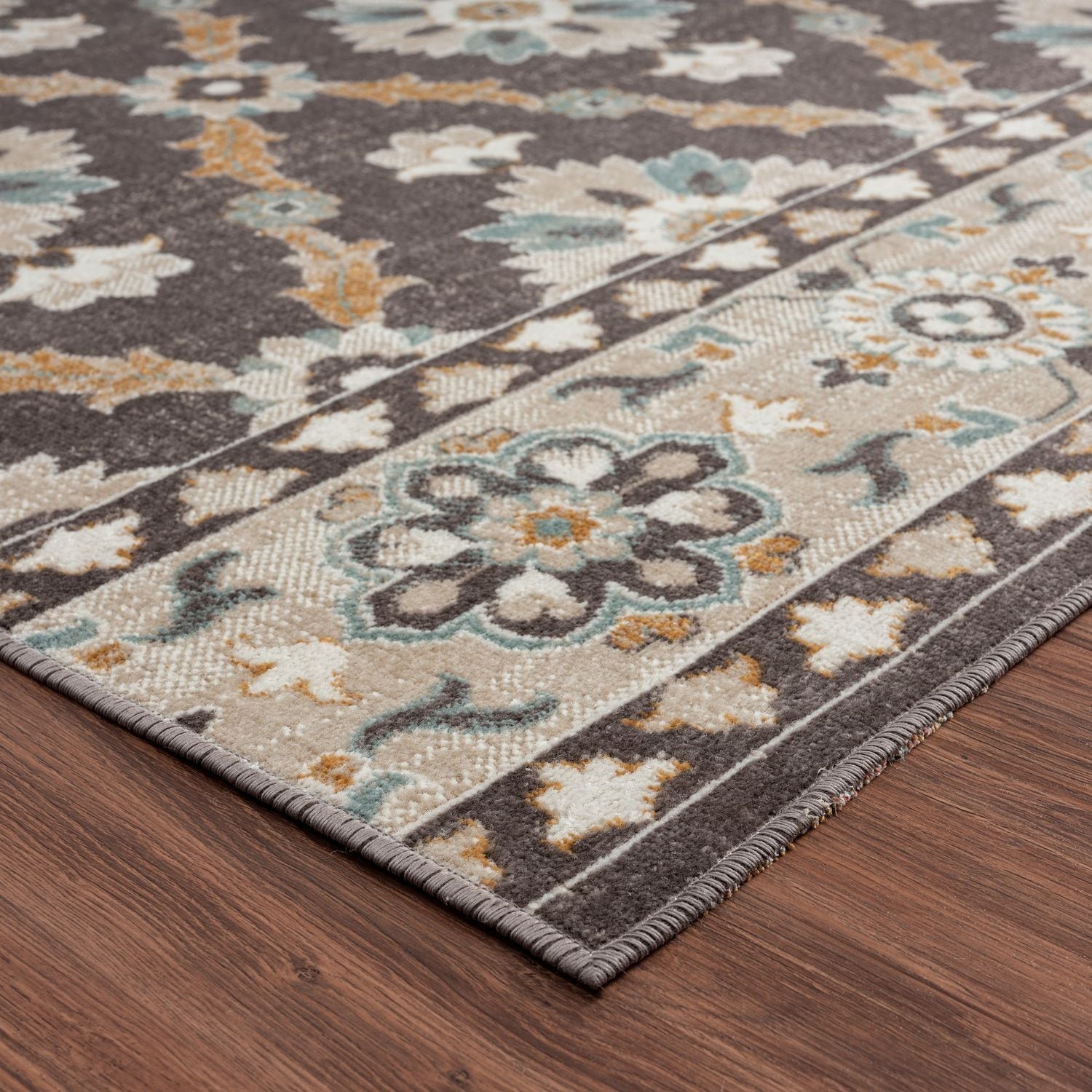 Reversible Rectangular Blue Floral Easy-Care Synthetic Area Rug