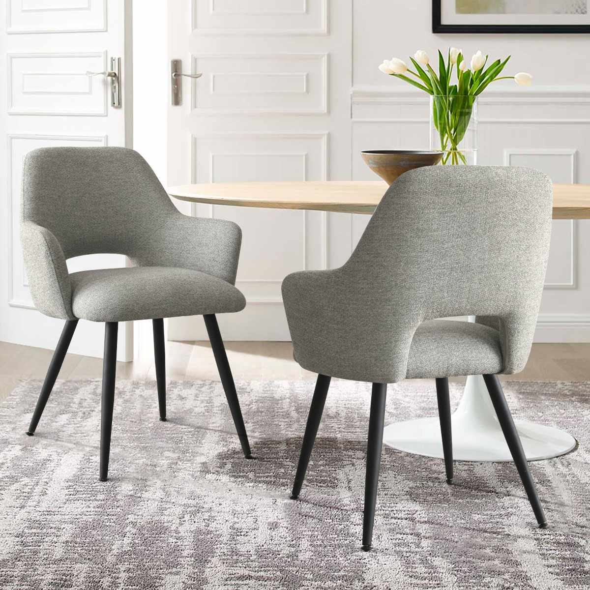 Maison Boucle EDWIN-ACHR-LIGHTGREY Set of 2 Modern Light Gray Upholstered Dining Chairs with Arms Open Back and Metal Legs for Kitchen