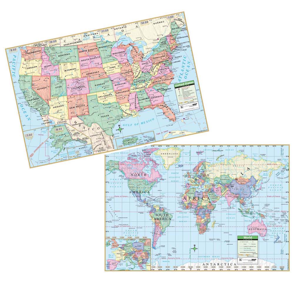 WORLD MAP WITH PAGE HOLES LAMINATED 8.5 X 11 TWO SIDED PAGE US 