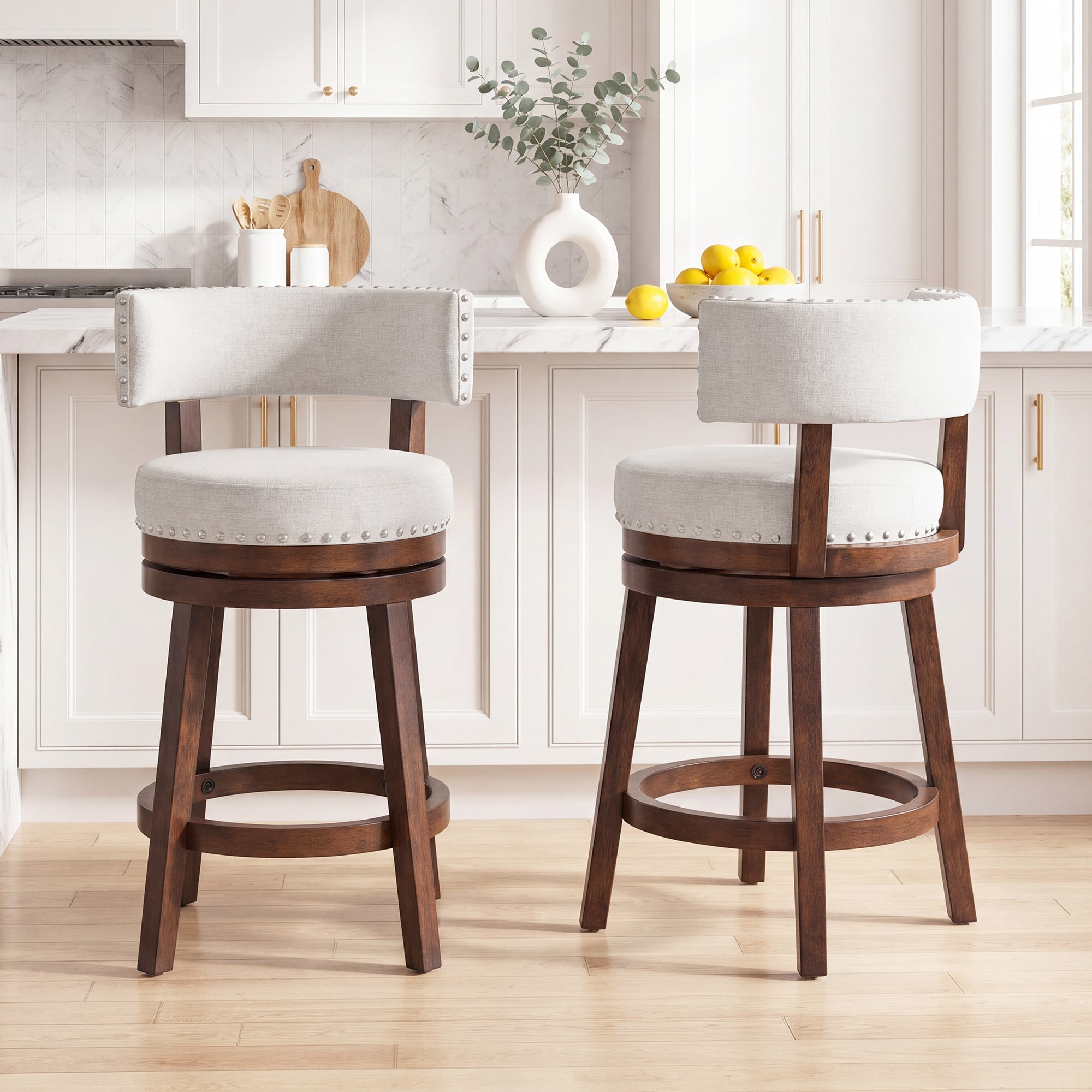 Colamy 25-in H Beige Swivel Counter Height Bar Stool with Nailhead Trim ...
