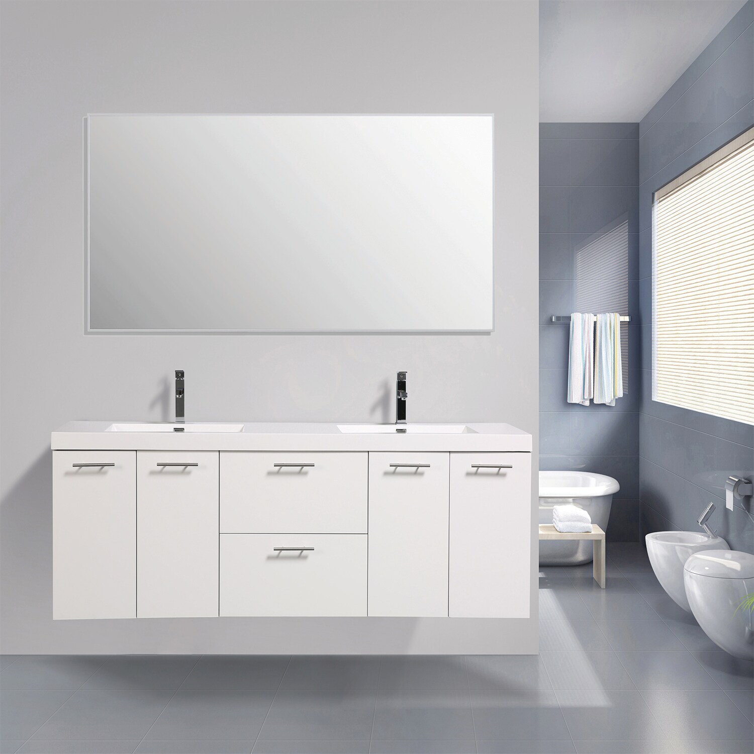 Eviva 84-in White Double Sink Floating Bathroom Vanity with White ...