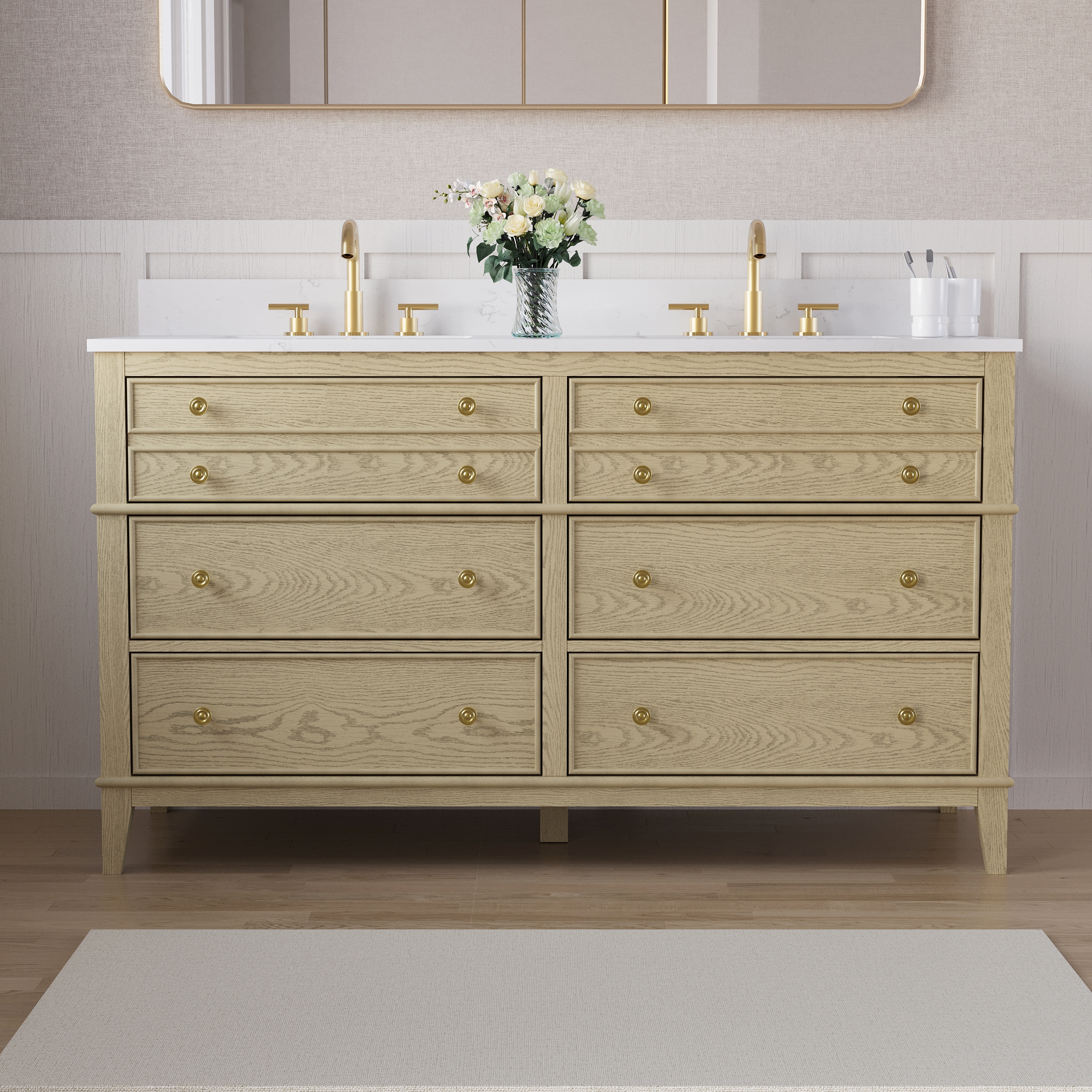 WELLFOR BCB1548RG -LS Megan Solid Wood Bathroom Vanity 60-in Oak Undermount Double sink Bathroom Vanity with Carrera white Quartz Top
