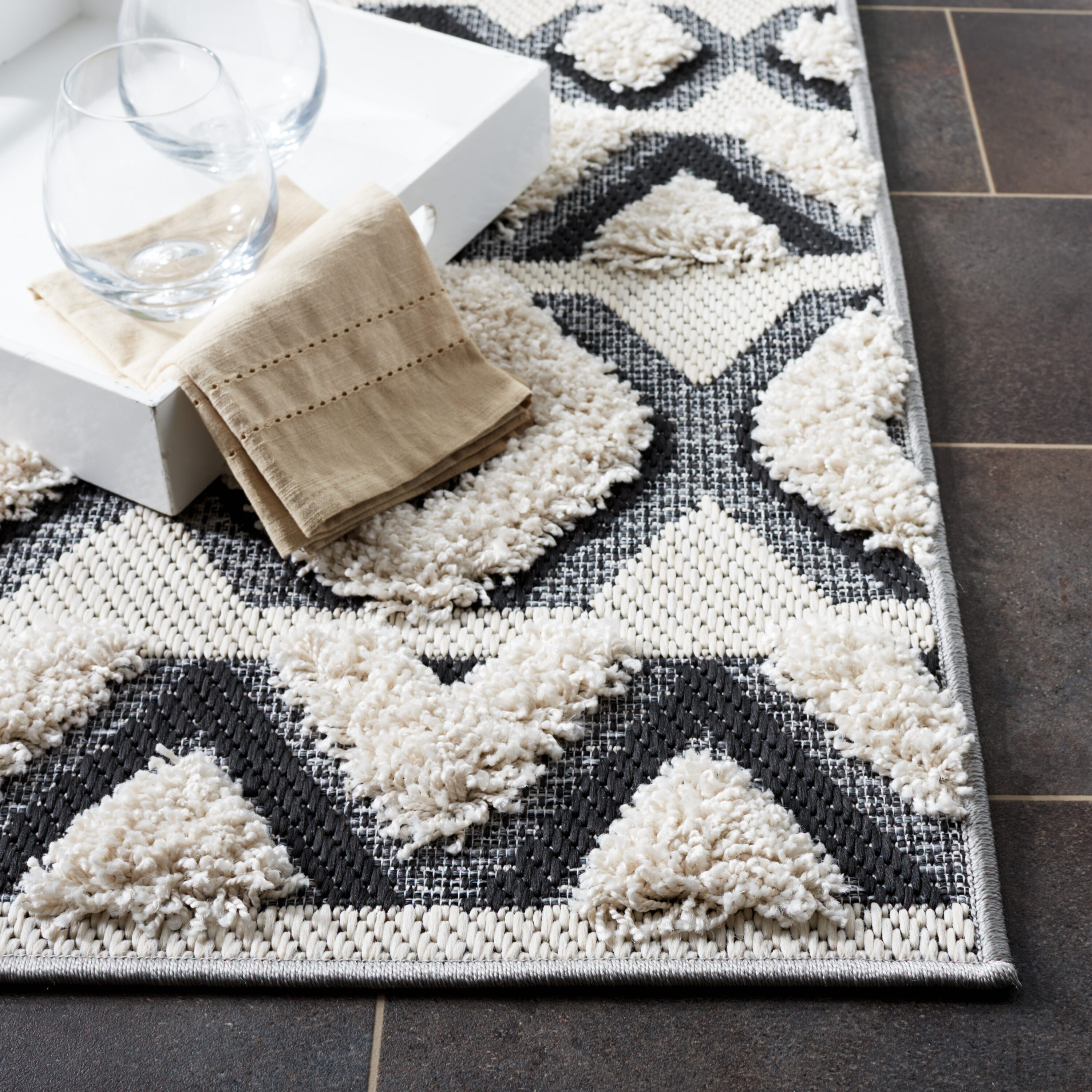 Ivory and Black 8' x 10' Synthetic Rectangular Rug