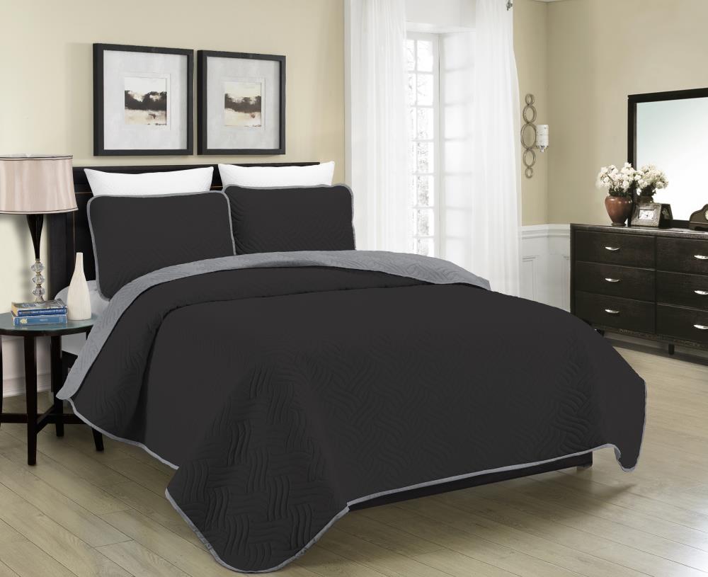 MHF Home M575280  Allison Reversible Quilt-Set Black/Grey Solid Reversible King Quilt (Polyester with Polyester Fill)