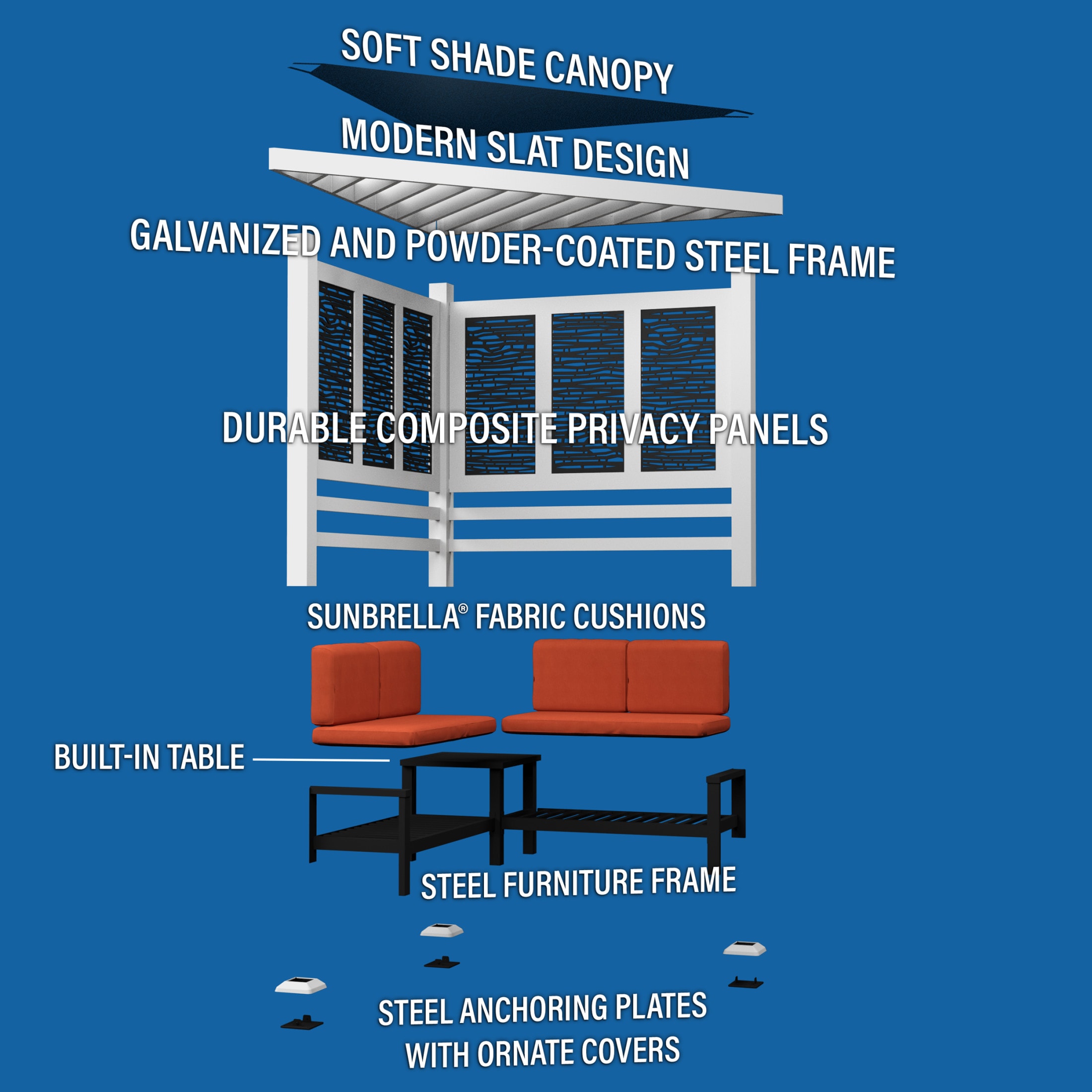 Ridgedale White Metal Cabana Pergola with Terracotta Seating