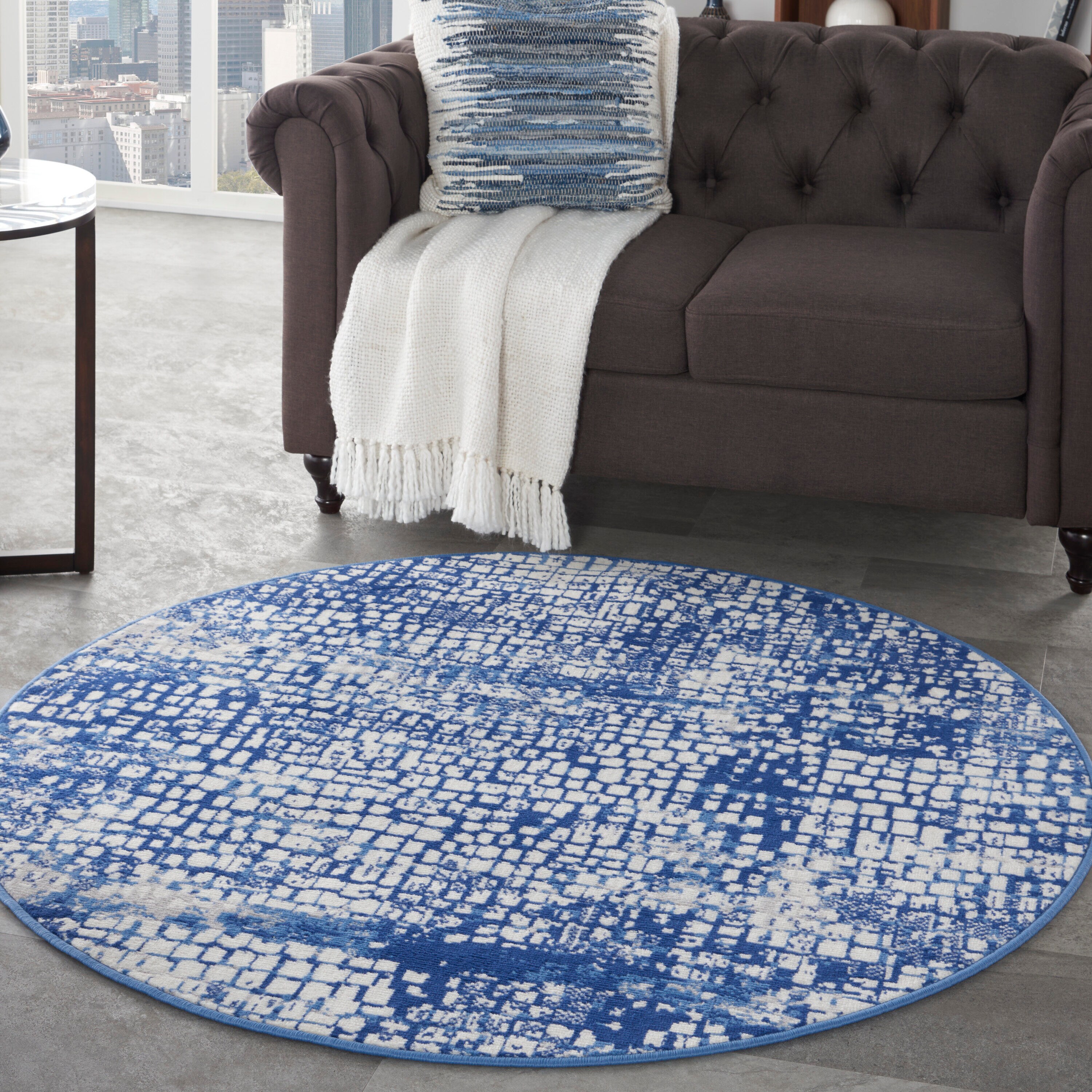 Nourison 99446832726 Whimsicle 5 x 5 (ft) Loomed Polypropylene Ivory Navy Round Indoor Distressed/Overdyed Area rug