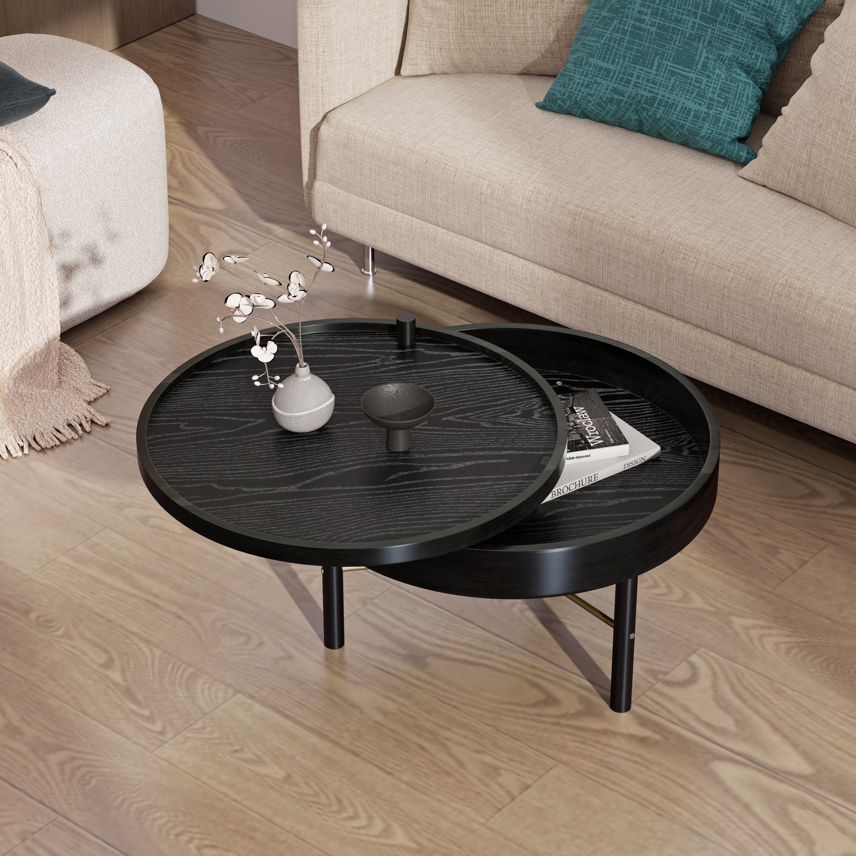 ModernLuxe L3P-N735P185132B Modern Round Wood Rotating Tray Coffee Table with Storage  Metal Legs in Black