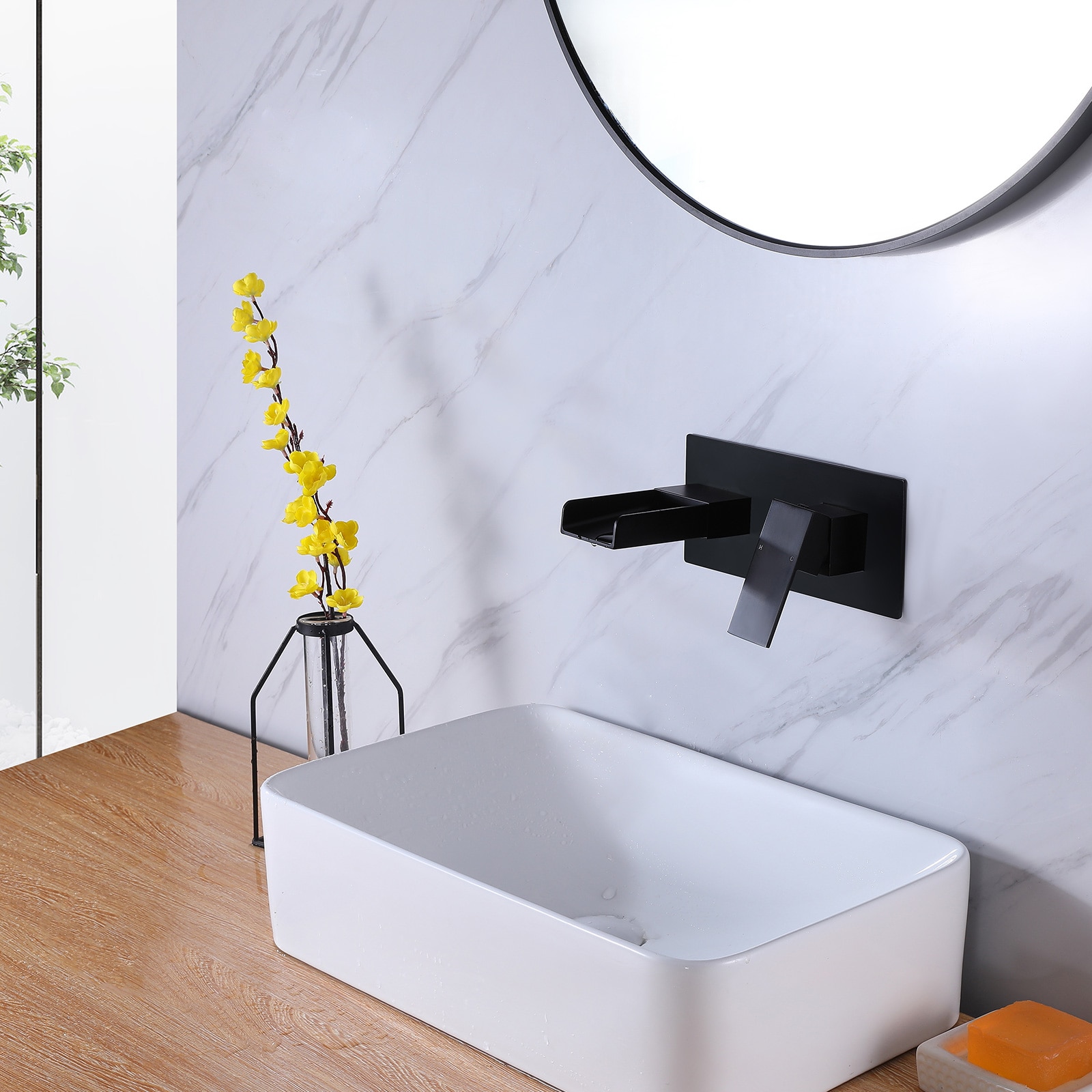 Matte Black Wall-Mount Single-Handle Waterfall Bathroom Faucet