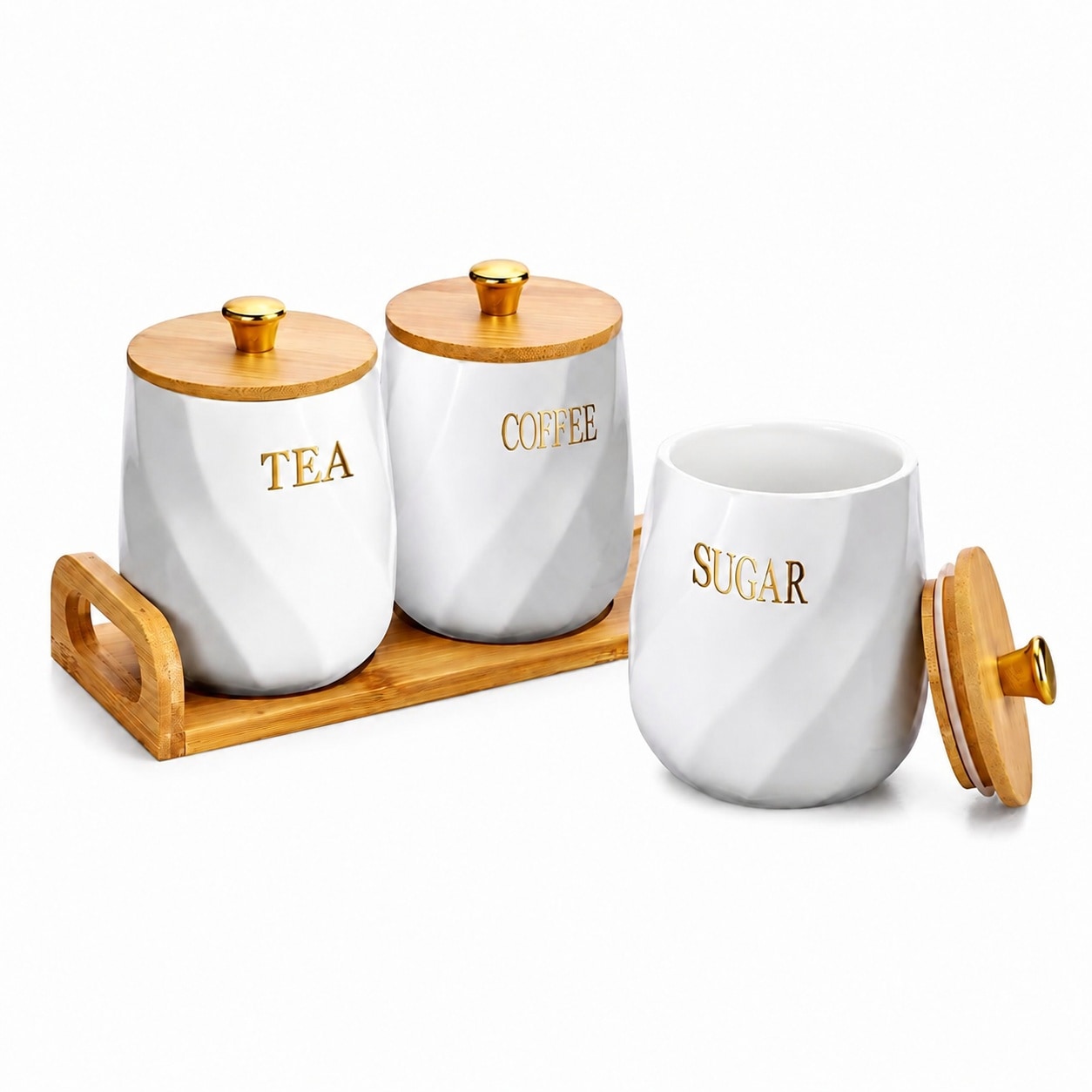 Aoibox  3 Piece White Ceramic Decorative Canister Set with Bamboo Lids Gold Knobs and Handled Serving Tray