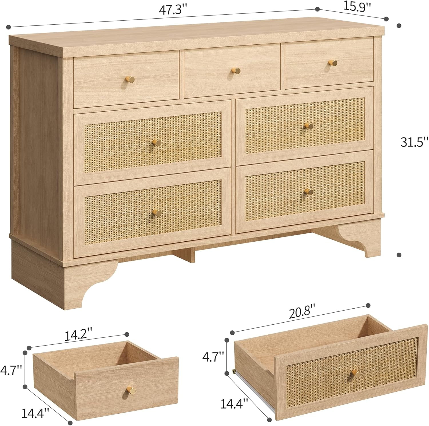 Garvee Chest of Drawers Woven Grass + MDF 7-Drawer Horizontal Storage ...