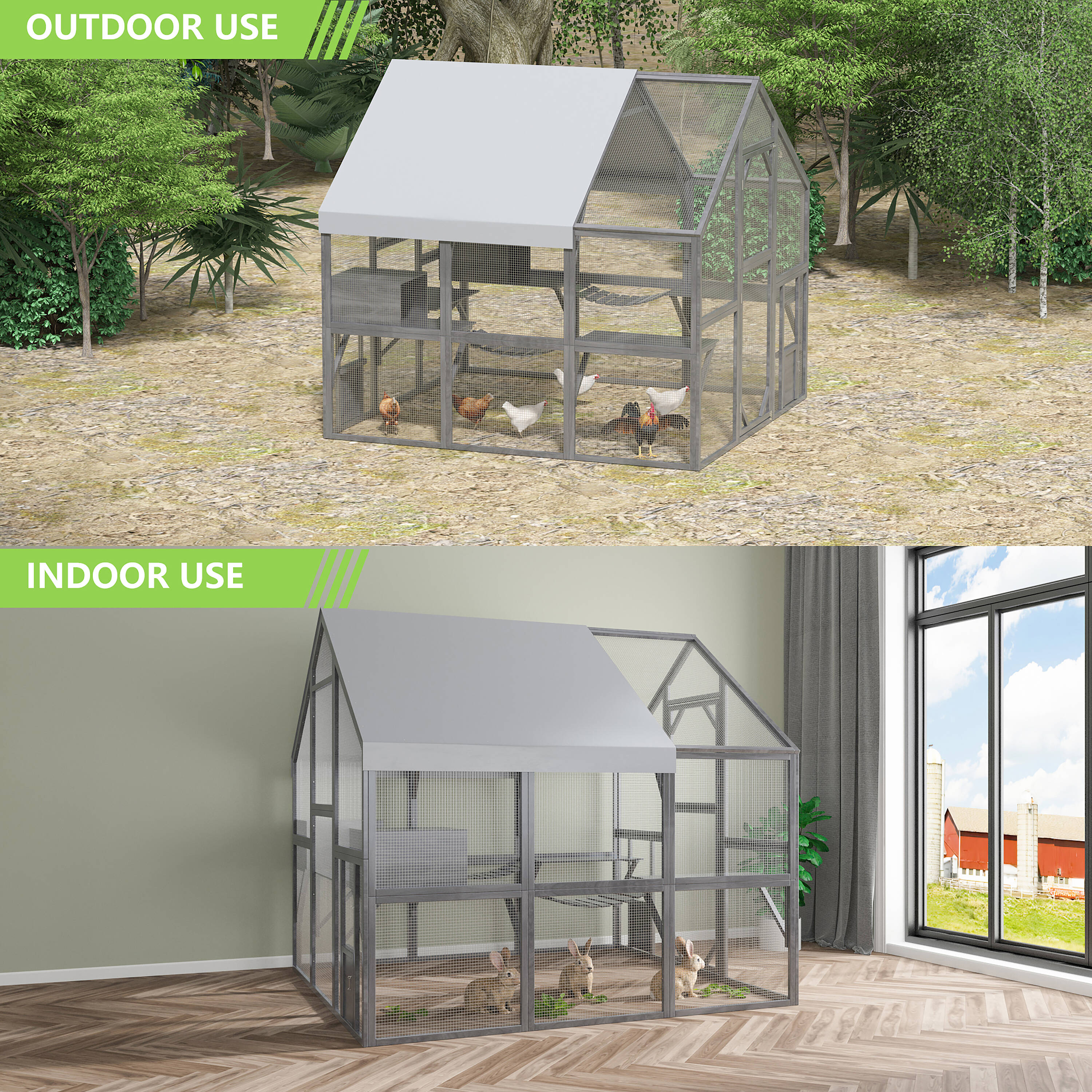 MIDHAM Gray Wood Convertible Chicken Coop and Rabbit Hutch