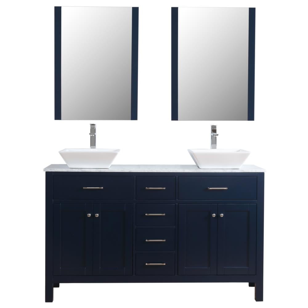 C.L.L Collections LA-60-I-DB Manhattan 60-in Navy Double Sink Bathroom Vanity with White with Grey Vein Marble Top (Mirror and Faucet Included)