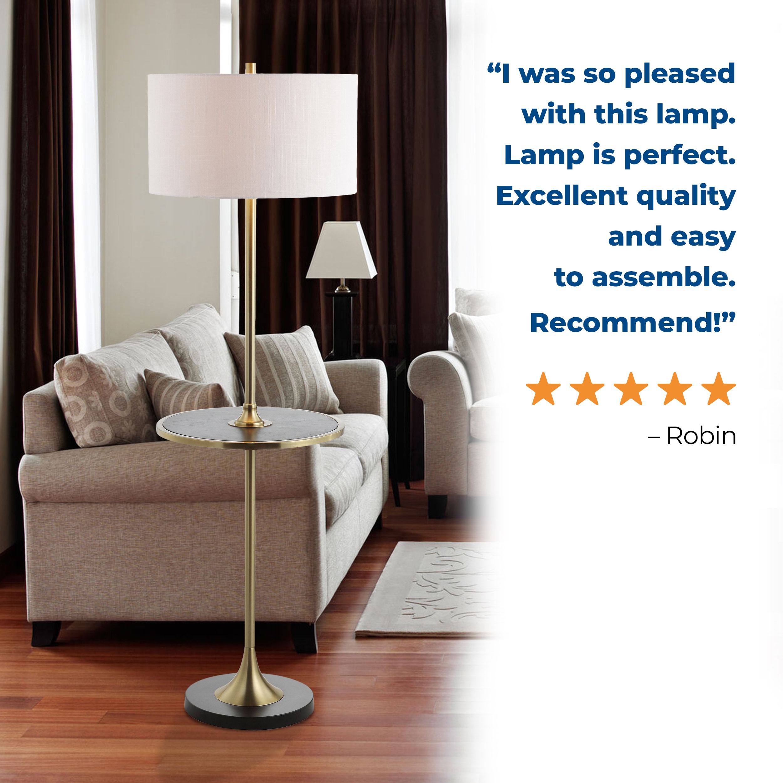 Transitional Black and Brass LED Floor Lamp with Integrated Wood Table