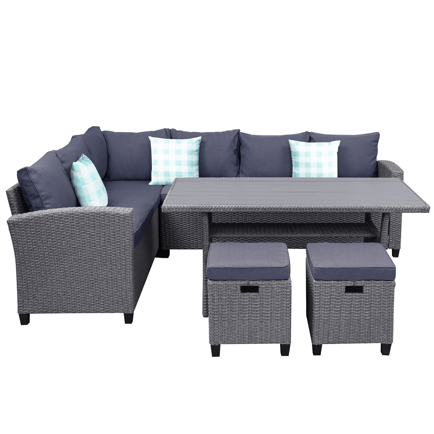 SINOFURN SYA020106GY 5 -Piece Gray Rattan Patio Dining Set Rattan Rectangle Table with 2 Gray Cushions Stationary Chairs