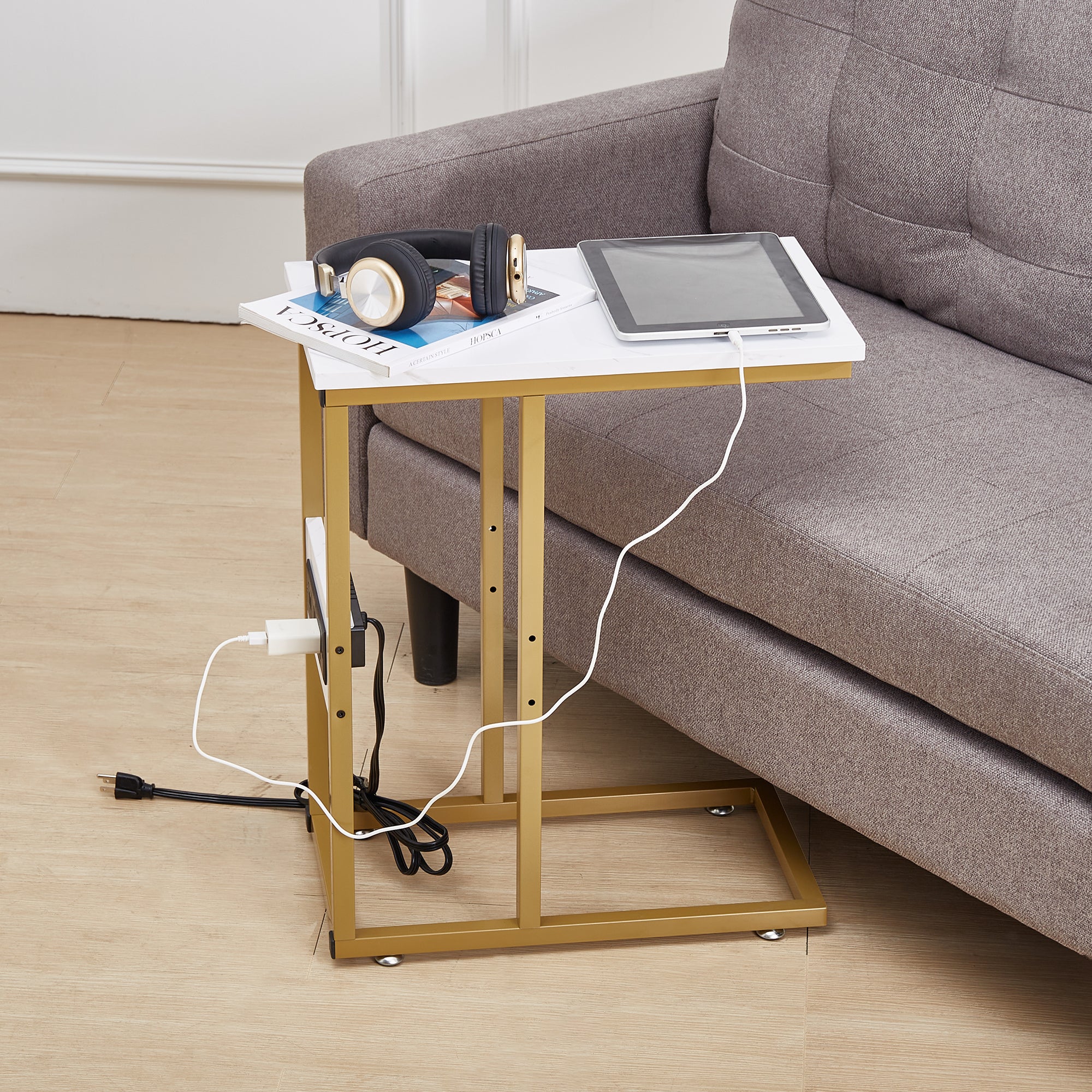 Vecelo LOE-DC-ST01-GLD-UP C Shaped End Side Table with Charging Station and 2 USB Ports and Outlets for Living Room Bedroom with Adjustable Feet for Couch Sofa