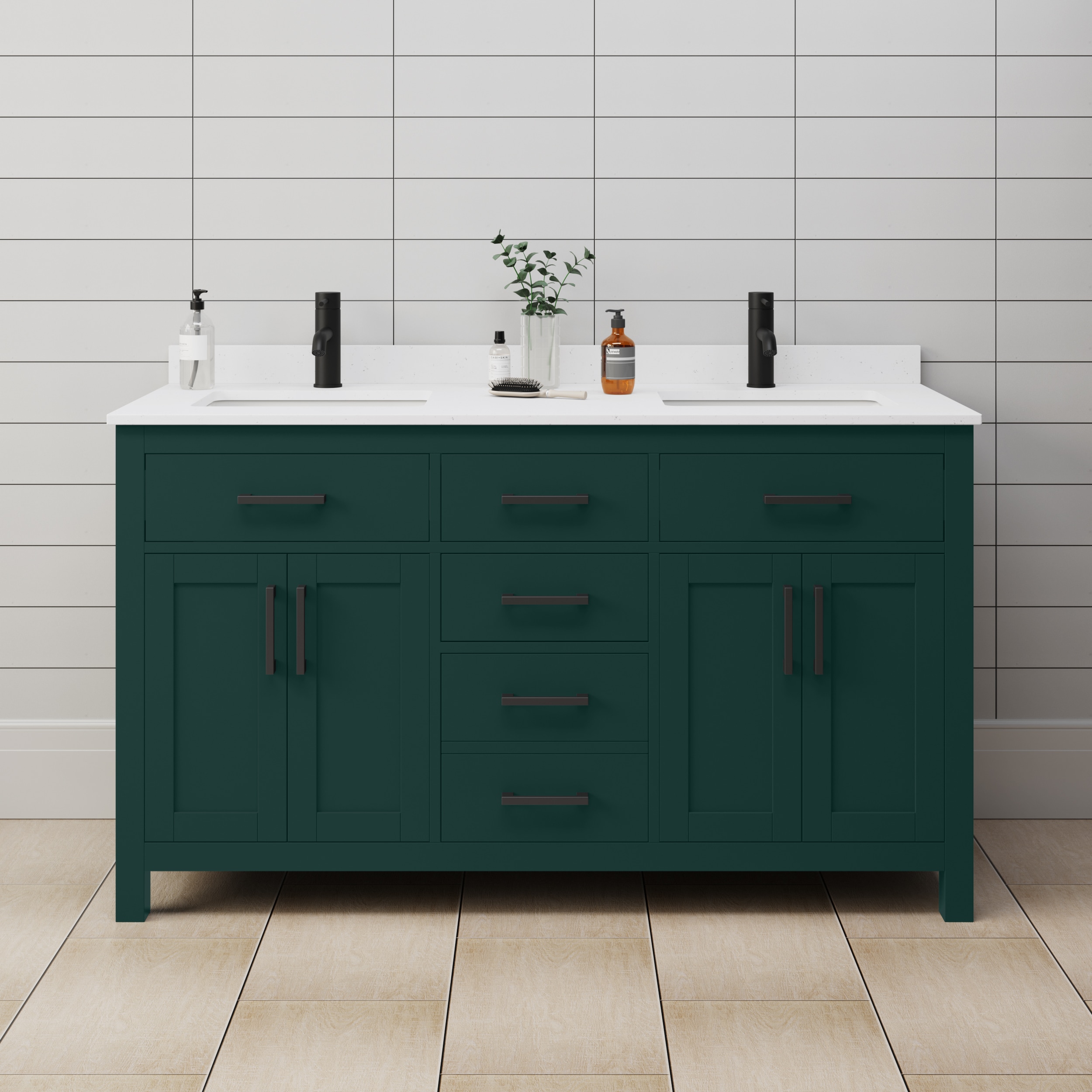 Wyndham Collection WCG242460DGKWCUNSMXX Beckett 60-in Green with Matte Black Trim Undermount Double sink Bathroom Vanity with White Cultured Marble Cultured marble Top