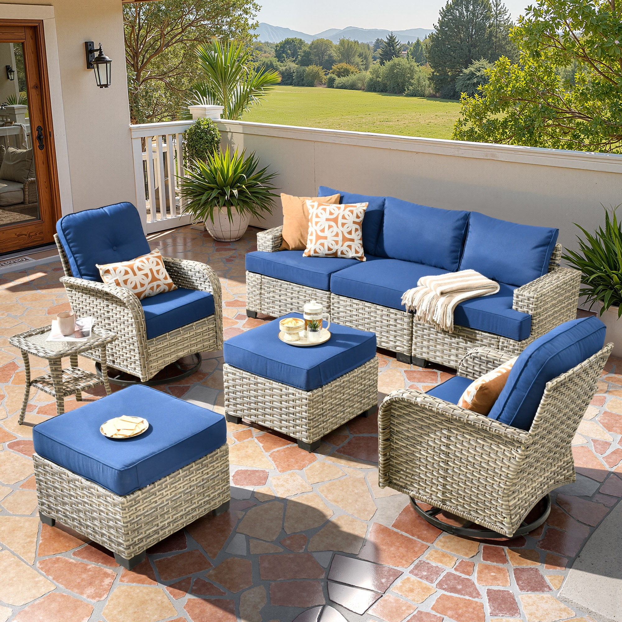 ALTRIGUS 6L-VYZTBS708-AL 8 -Piece Wicker Patio Sofa Conversation Set with Navy Cushions