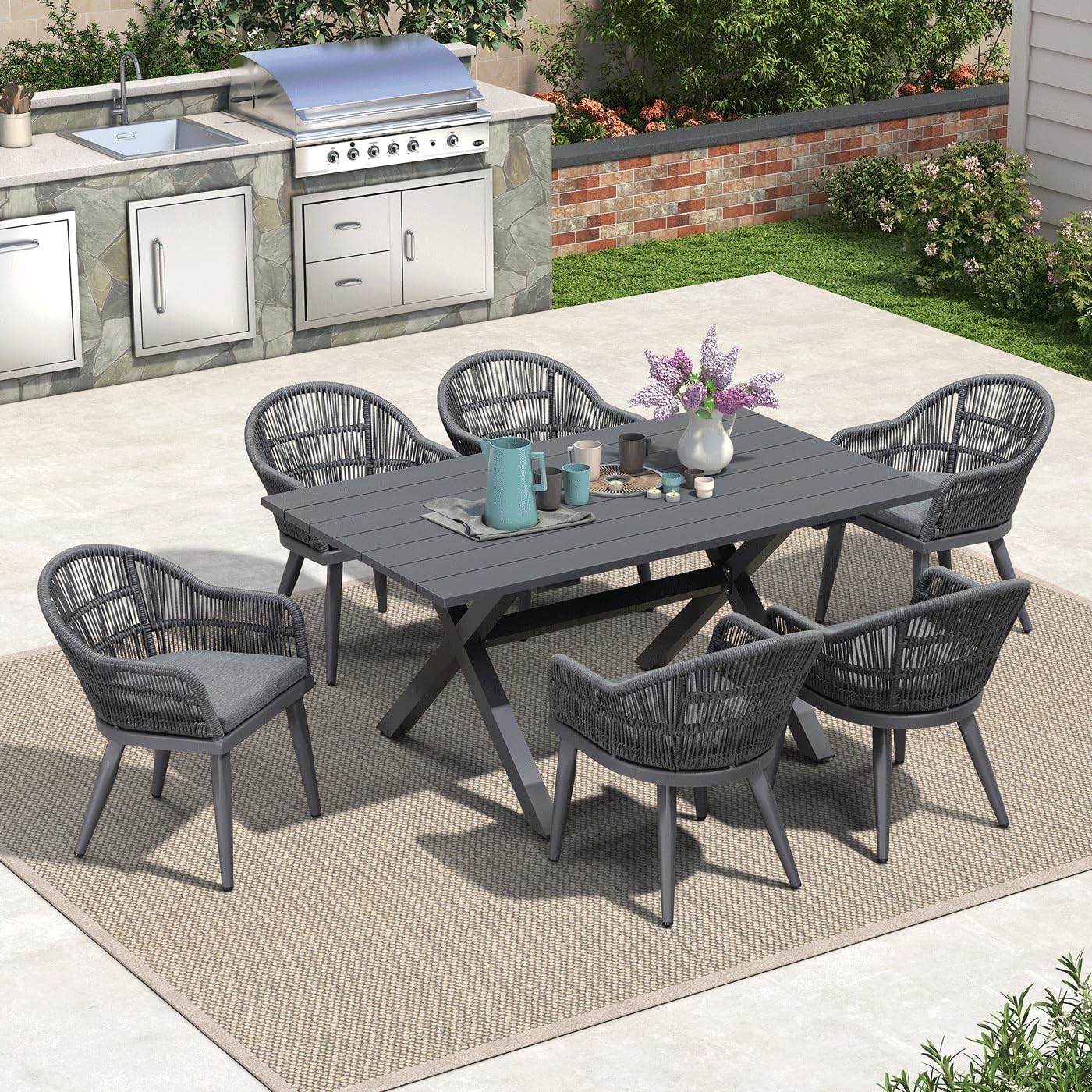 PURPLE LEAF LS03-VT07-160-GY 7 -Piece 7 pieces-Rectangle Rattan Patio Dining Set Aluminum Rectangle Table with 6 Gray Cushions Stationary Chairs