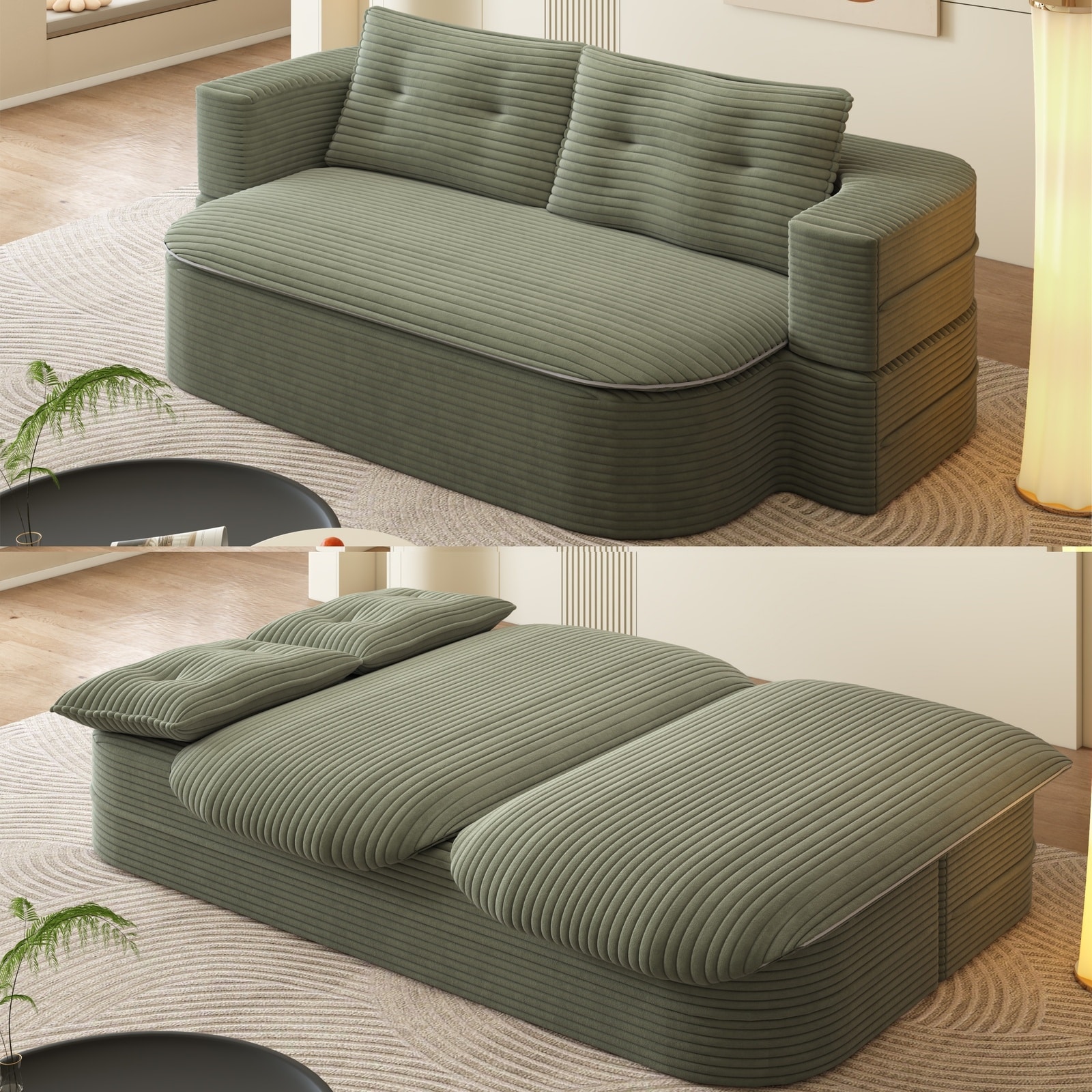 Horizons Prime 79 inch Green Plush Corduroy Fabric 2-in-1 Foldable Sofa with Functional Blanket and 2 Soft Pillows