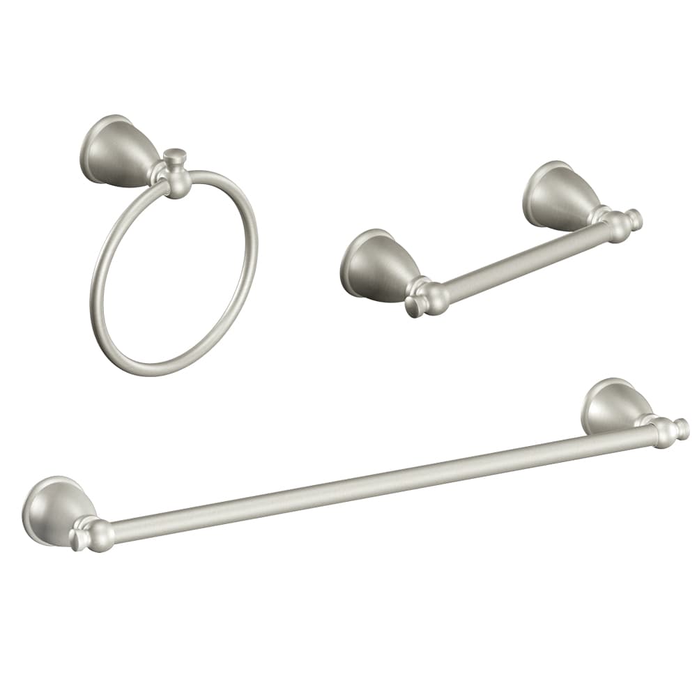 Moen 3-Piece Caldwell Brushed Nickel Decorative Bathroom Hardware Set with  Towel Bar,Toilet Paper Holder and Towel Ring