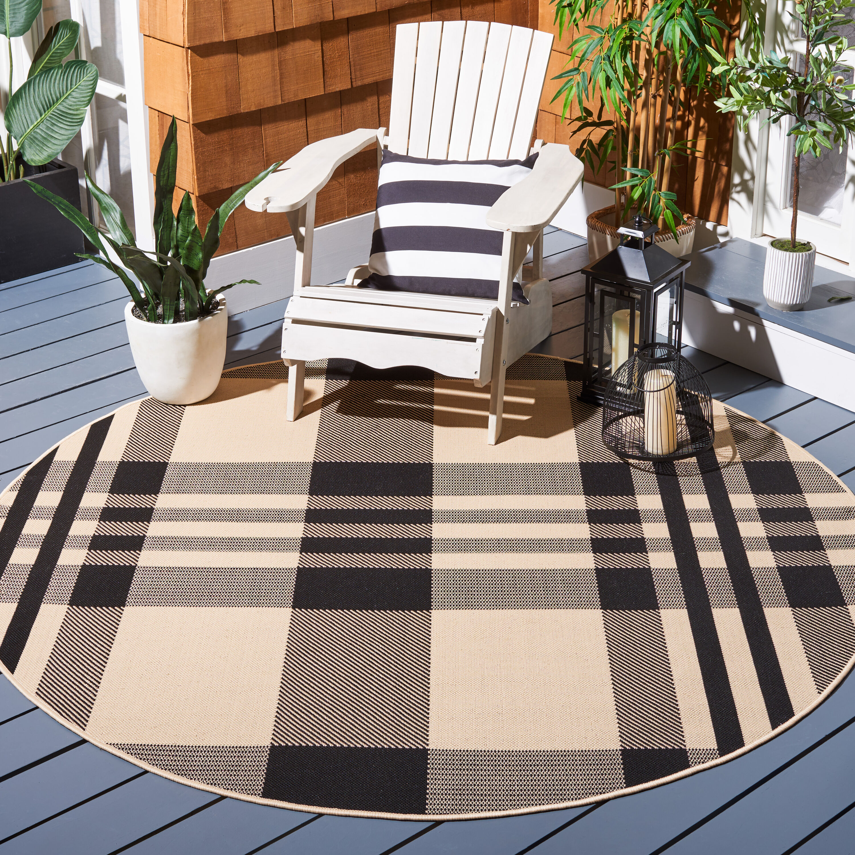 Safavieh CY6201-216-8R Courtyard 8 x 8 (ft) Loomed Synthetic Beige/Anthracite Round Indoor/Outdoor Stripe Area rug