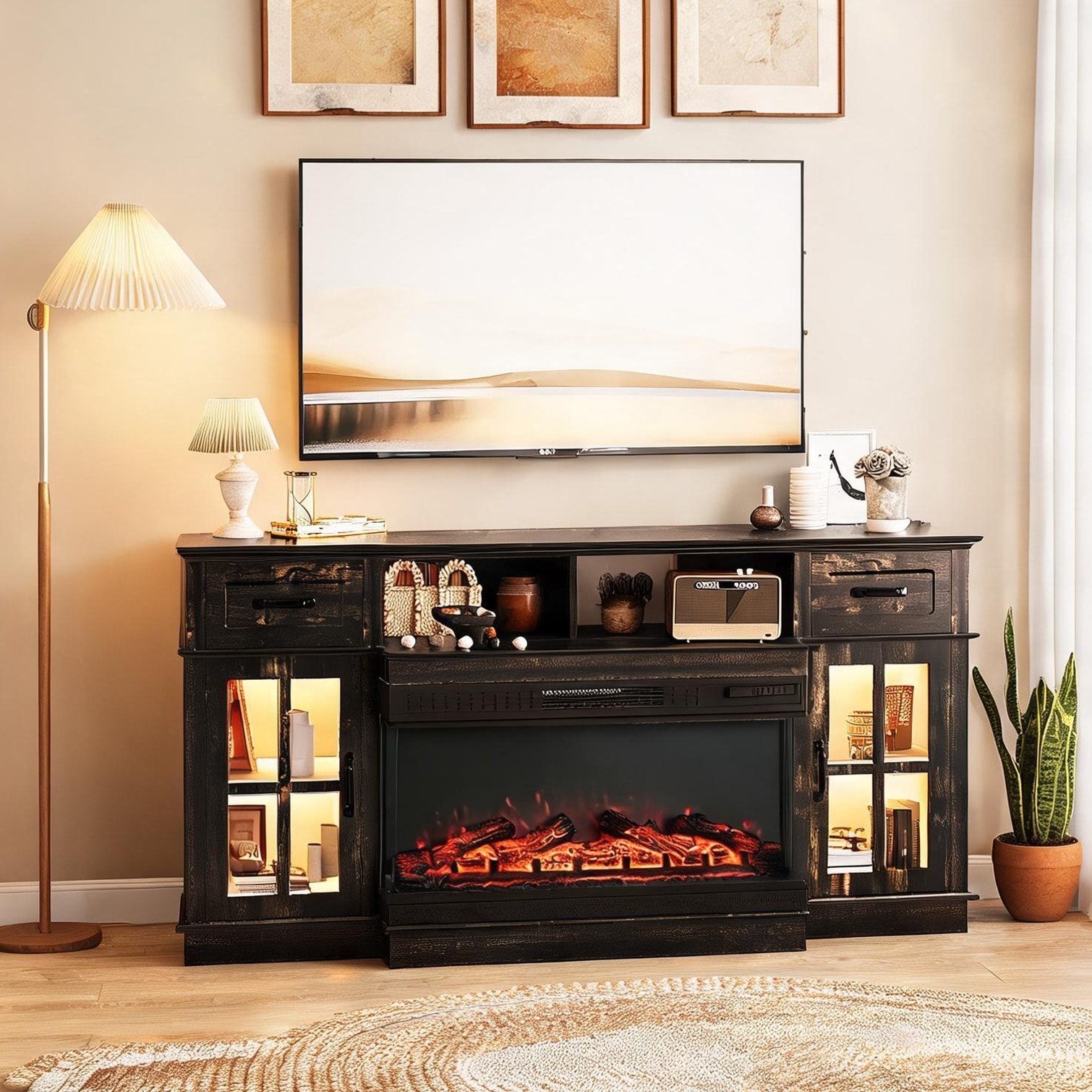 Watnature Electrical Appliance Home Appliance featuring 70-inch Glass Construction remote operation and Black gold oak TV stand