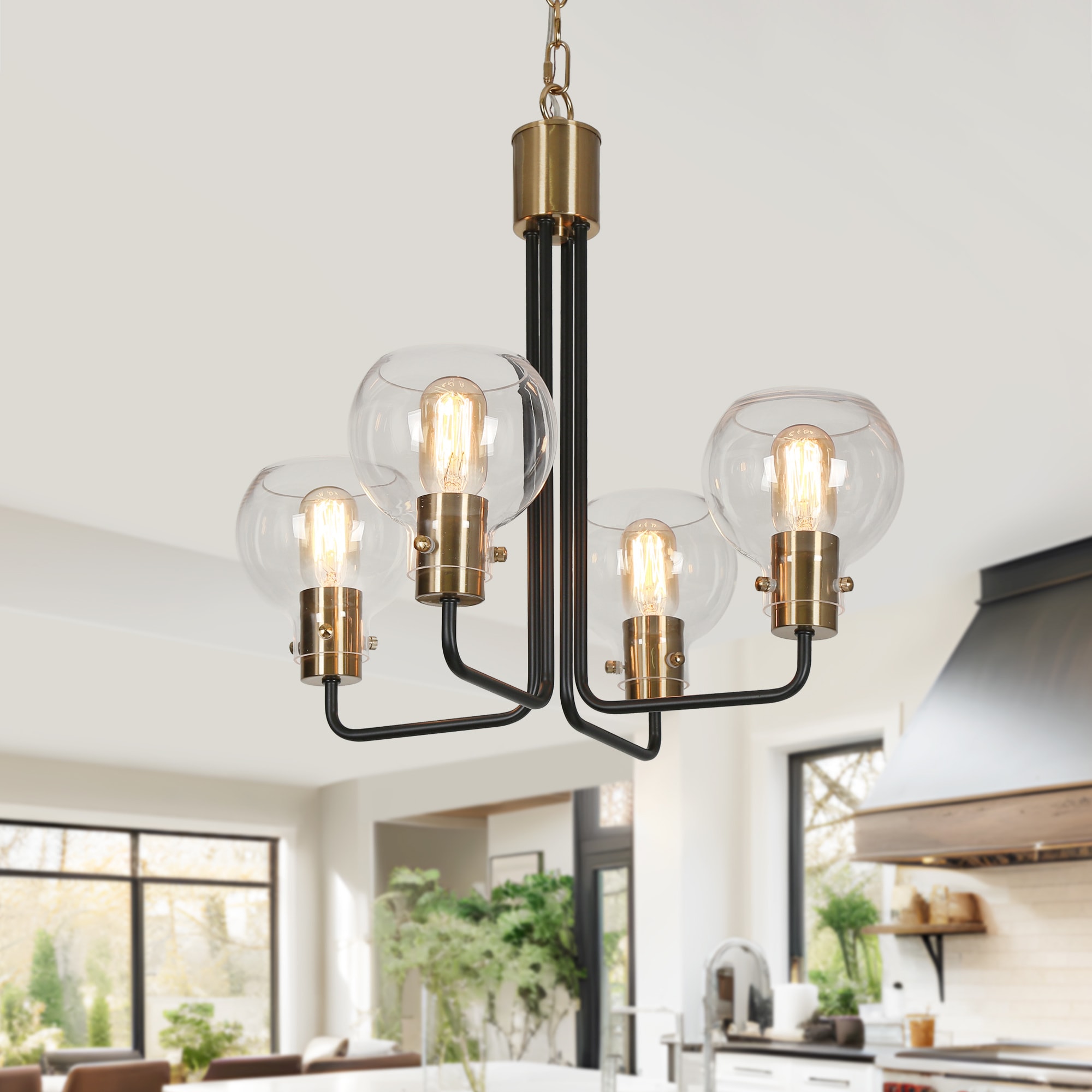 ZEVNI L3BVUF6BW58C4SK8 Hedda 4 -Light Matte Black/Polished Brass with Globe Glass Modern/contemporary Clear glass Globe Small Hanging Pendant light