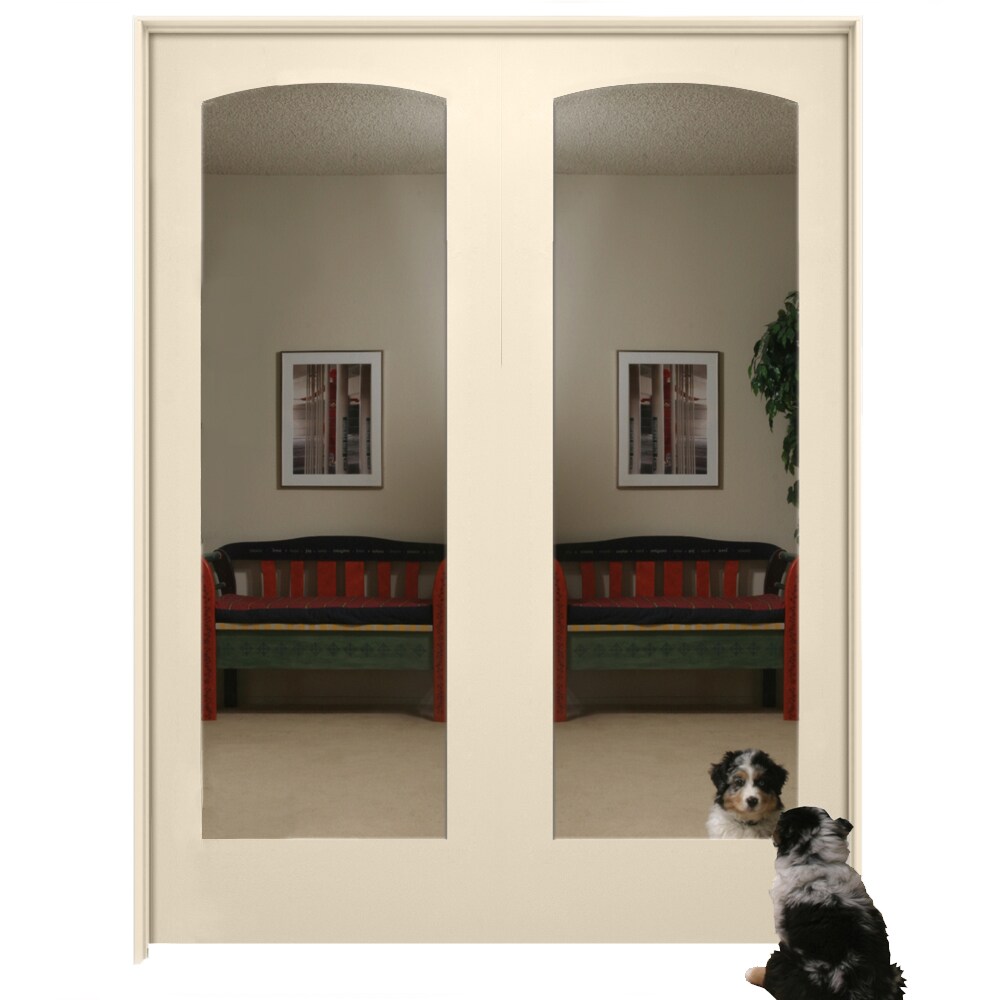 American Building Supply LO968382 64-in x 80-in Cream-n-Sugar Solid core Mirror/Panel Mirrored glass Reversible/Universal Smooth Prefinished MDF Flat Jamb Double Prehung Interior Door