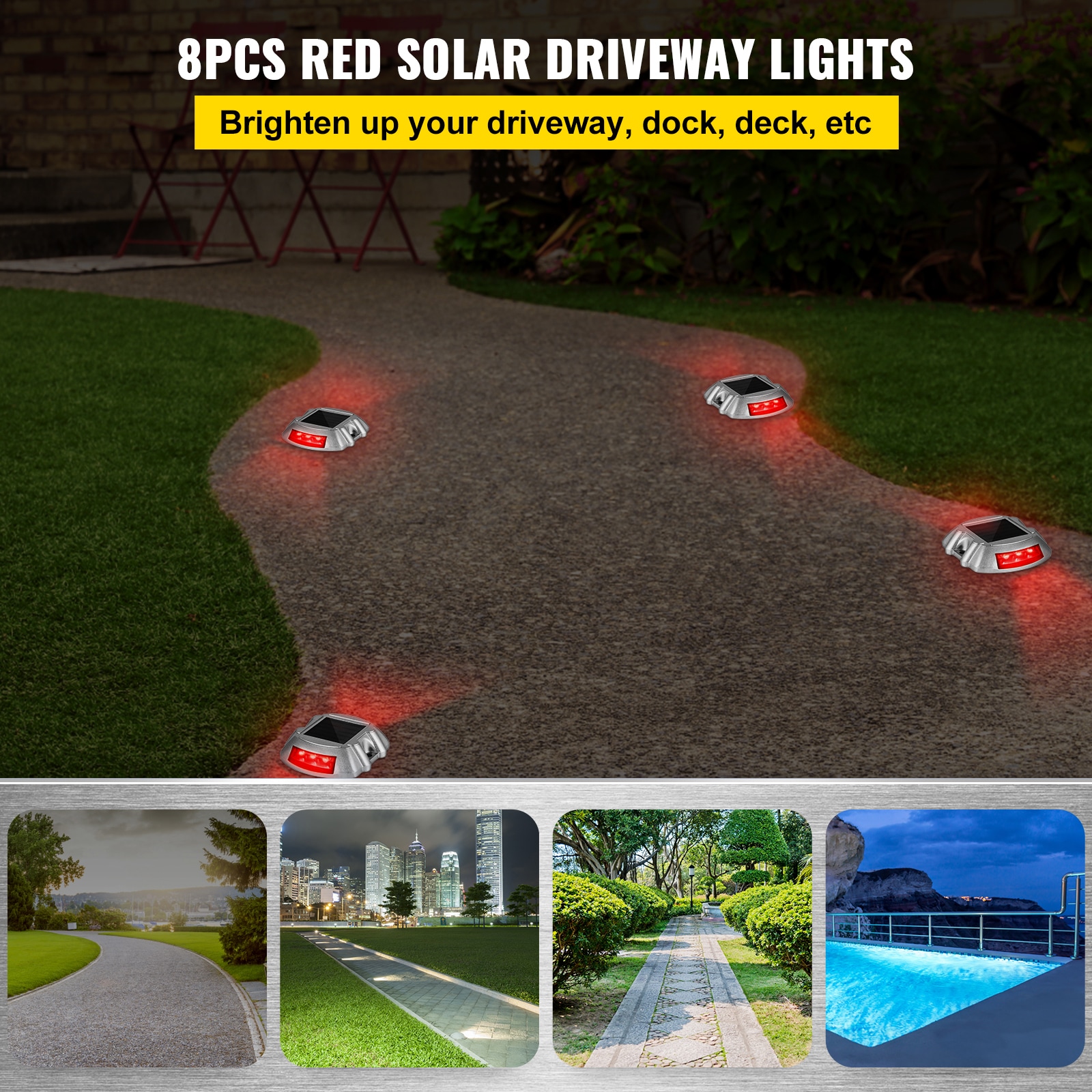 8-Pack Solar Red LED Pathway Lights with Aluminum Shell