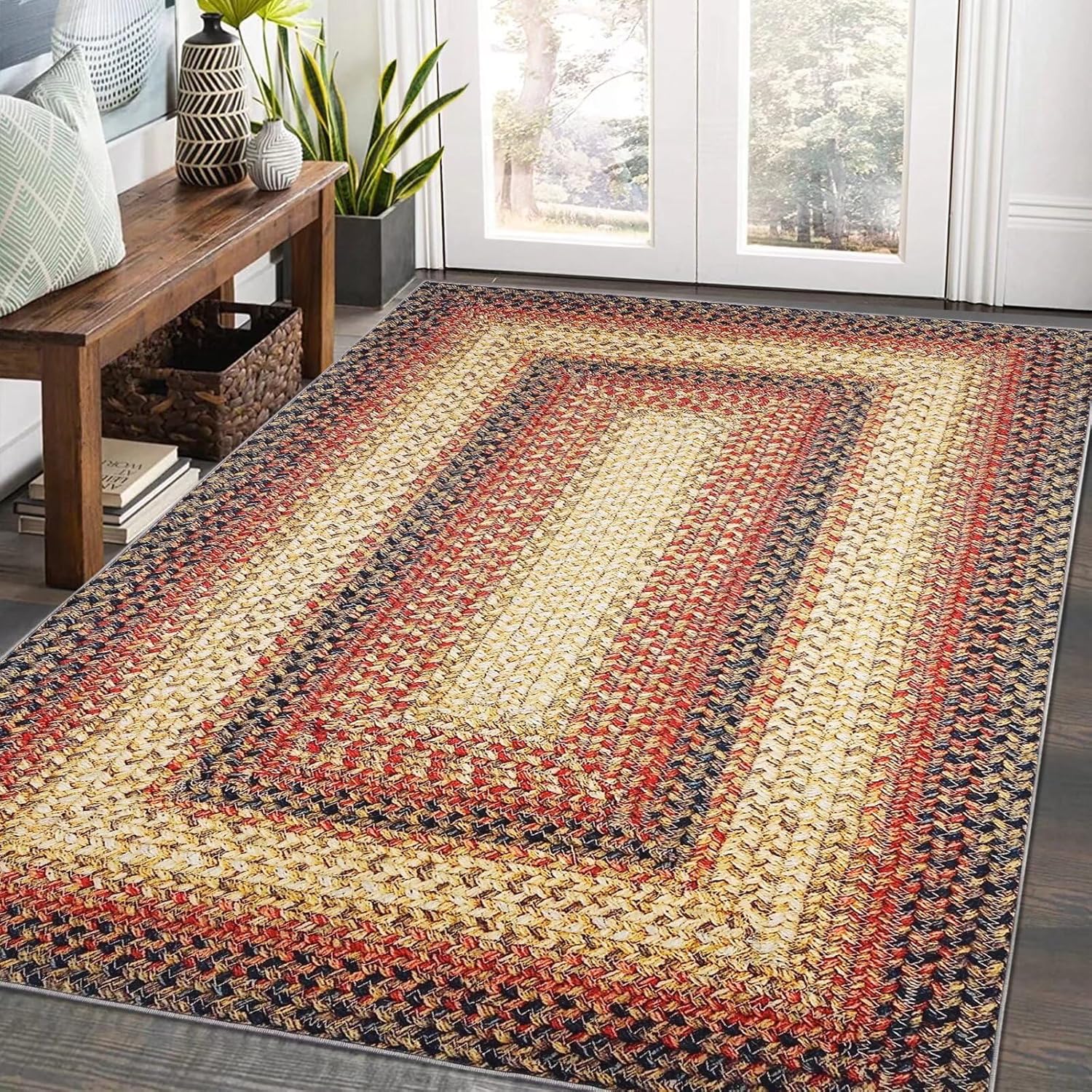 Garvee 3 x 5ft Printed Braided Entryway Rug Boho Geometric Foldable Rug Low Pile Indoor Soft Floor Cover Vintage Farmhouse NonSlip Carpet NonShedding Retro Throw Carpet Accent Rug Red